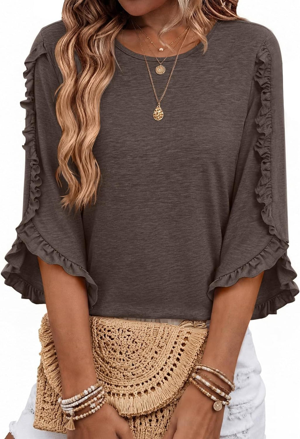3/4 Length Sleeve Womens Tops Crewneck Ruffle Sleeve Shirts Dressy Casual Blouse Summer Fall Fashion Business Outfit