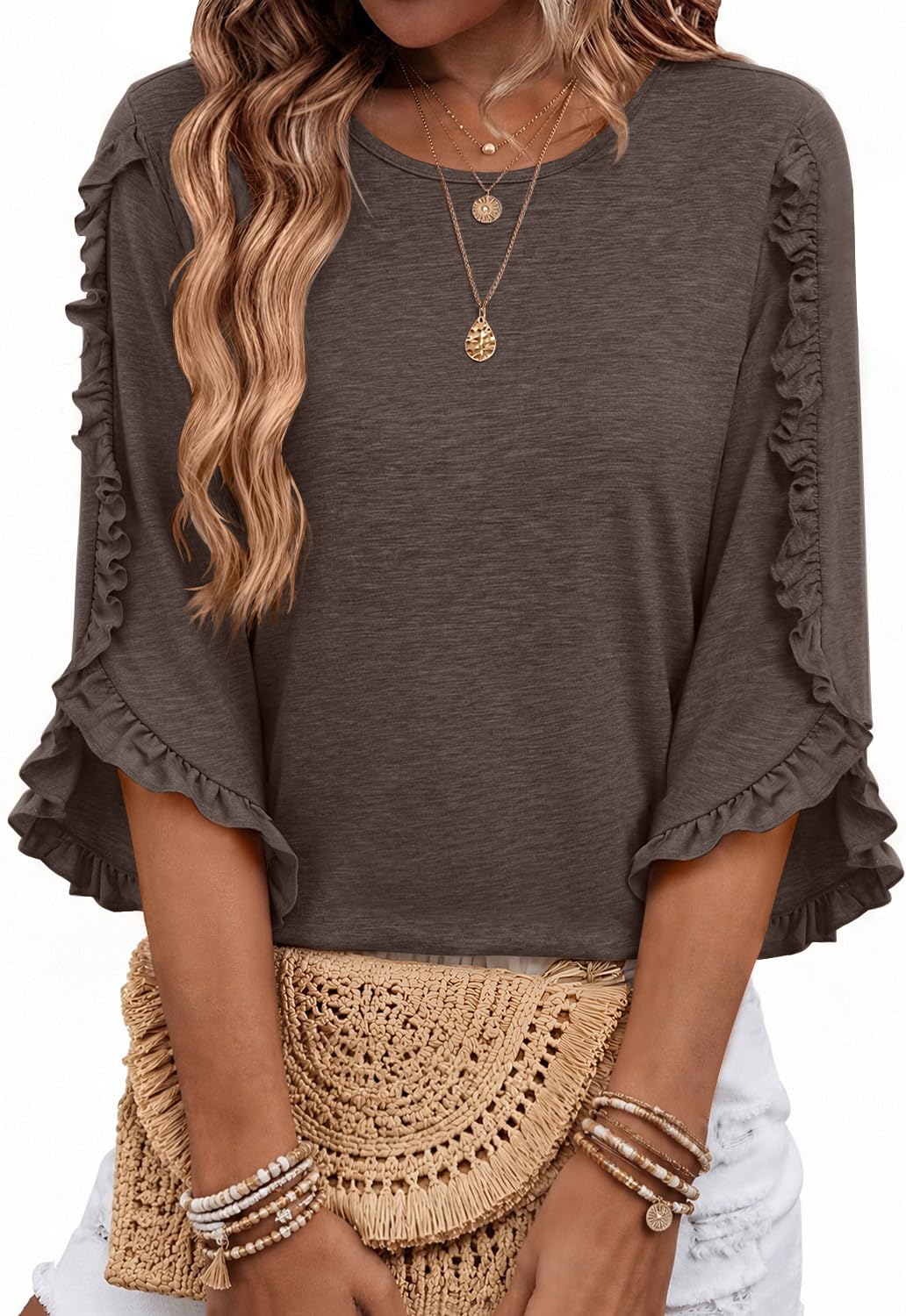 3/4 Length Sleeve Womens Tops Crewneck Ruffle Sleeve Shirts Dressy Casual Blouse Summer Fall Fashion Business Outfit