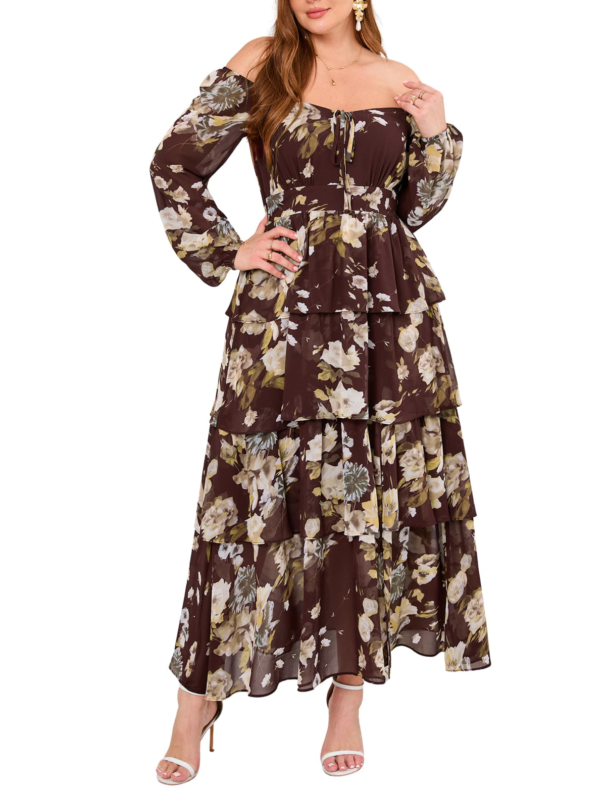 EYWOL Plus Size Long Sleeve Floral Tiered Semi Formal Wedding Guest Dress