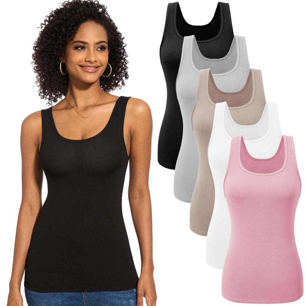 TVKSOM 5 Pack Basic Ribbed Tank Tops for Women Layering Undershirts