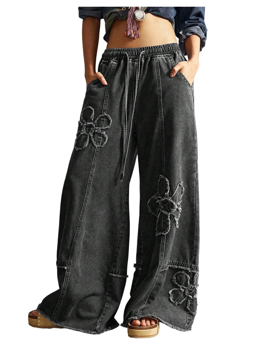 BEAUDRM Women's Y2K Baggy Jeans Wide Leg Jeans Denim Boho Pants