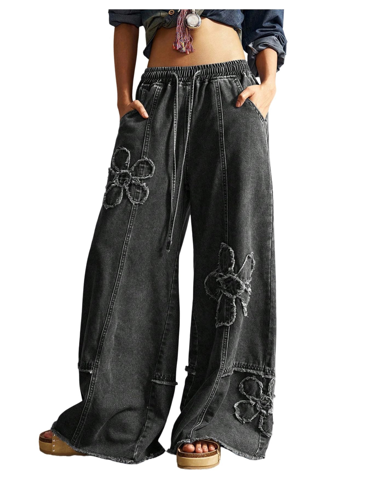 BEAUDRM Women's Y2K Baggy Jeans Wide Leg Jeans Denim Boho Pants