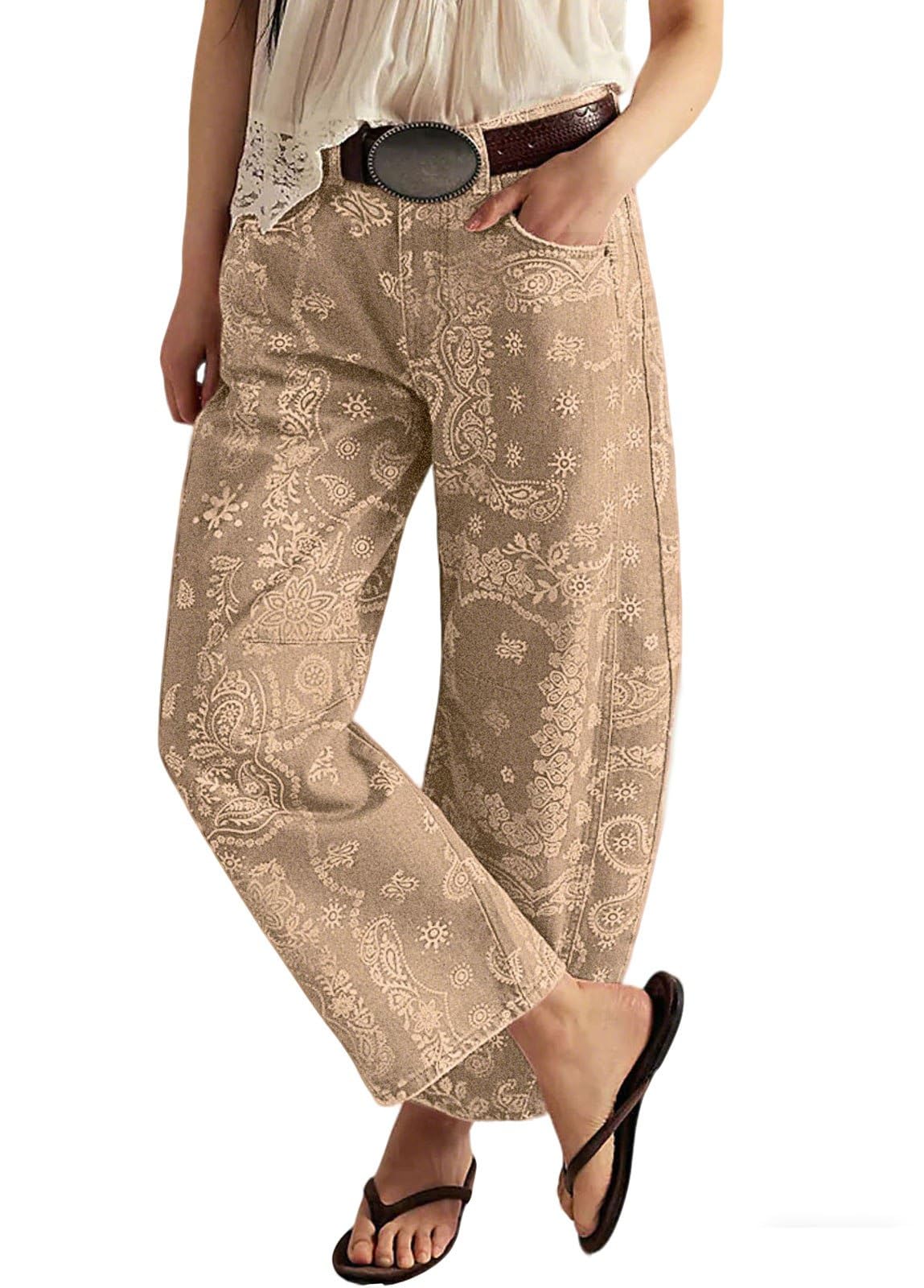 loveimgs Women Boyfriend Baggy Barrel Jeans Floral Print Denim Ankle Pants Wide Leg Mid Rise Jeans Sweatpants Y2k Patchwork