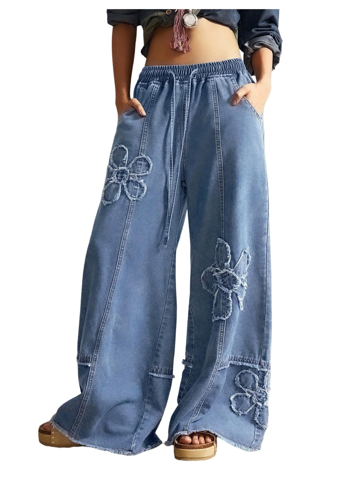 BEAUDRM Women's Y2K Baggy Jeans Wide Leg Jeans Denim Boho Pants
