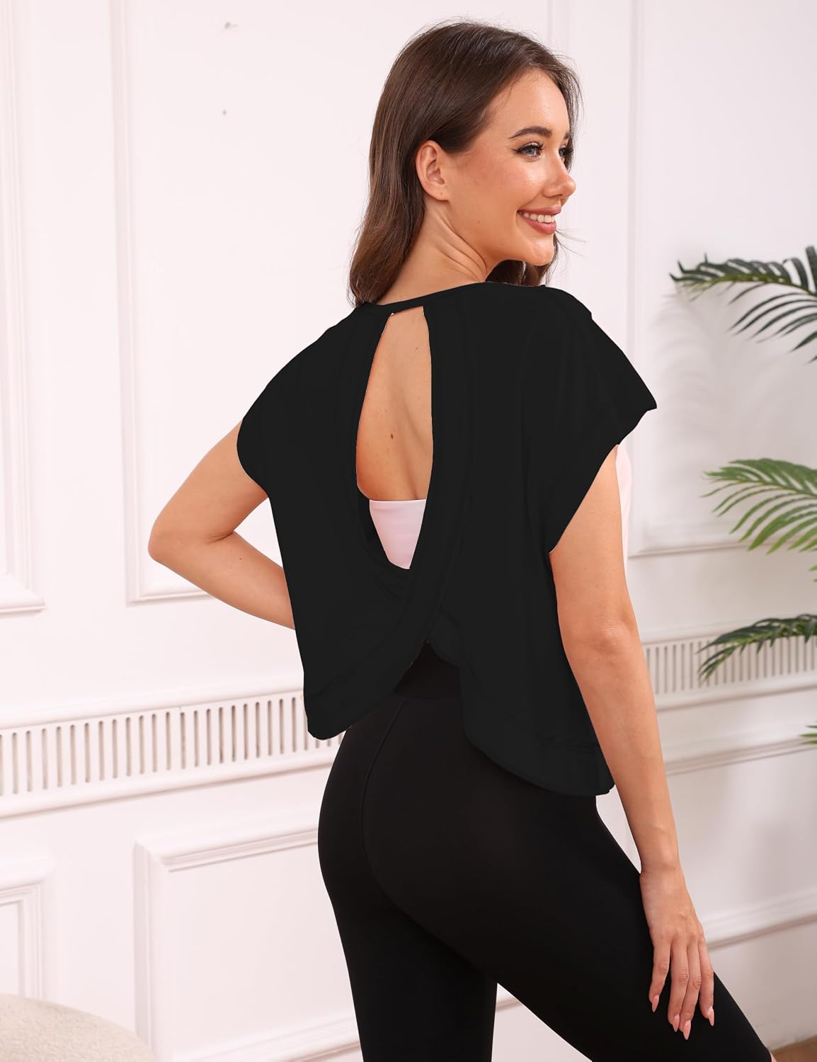 Open Back Tops for Women Oversized Short Sleeve Workout T Shirts Backless Y2k Athletic Crop Running Tees