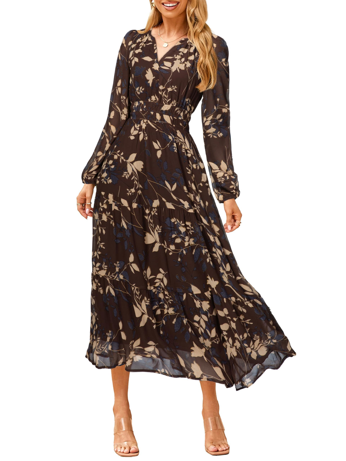 Simplee Women's Floral Boho Long Sleeve Maxi Dress V Neck Empire Waist Swing Flowy Wedding Guest Dress