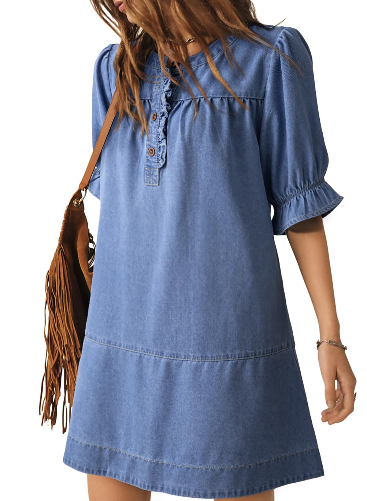Dokotoo Women's Denim Dress Ruffle Short Sleeve Button Cowgirl Jean Dress