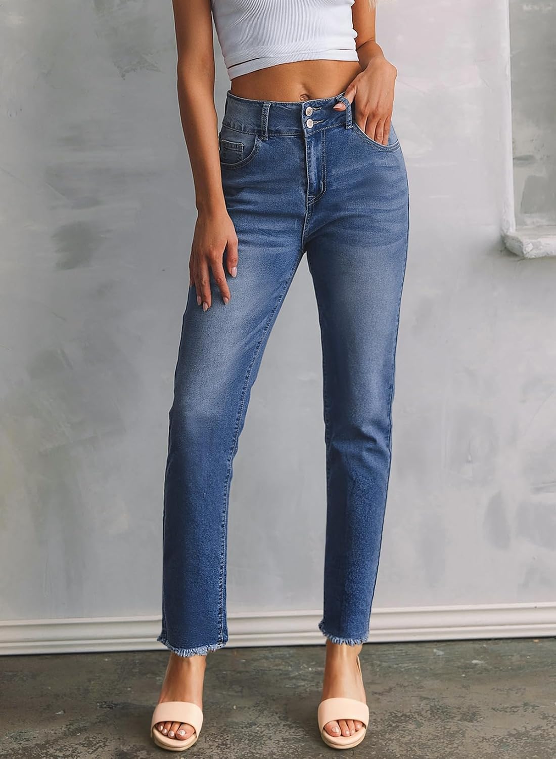 Sidefeel Women's High Waisted Raw Hem Straight Leg Jeans