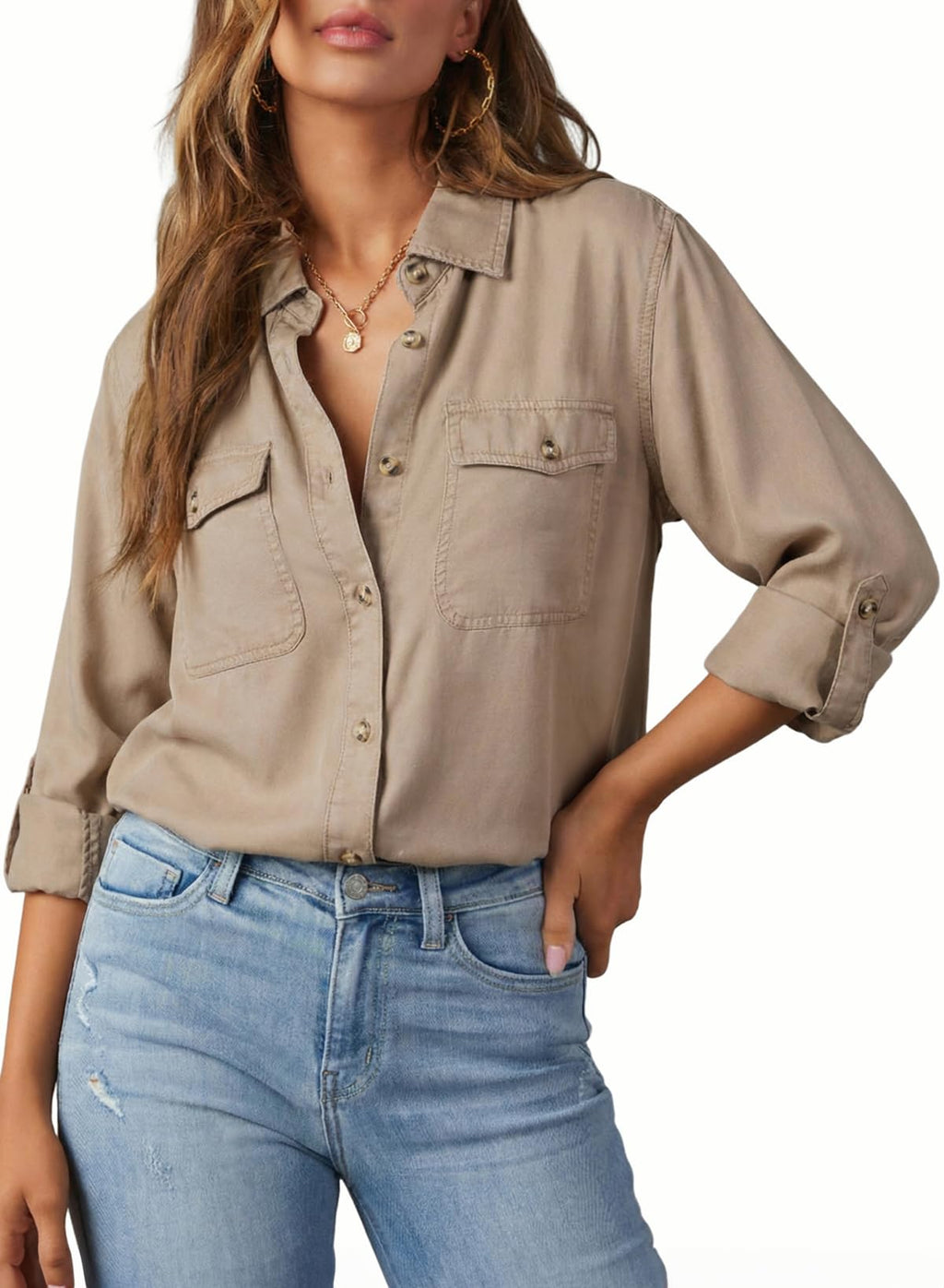 Astylish Women Denim Button Down Shirts Chambray Blouse Top