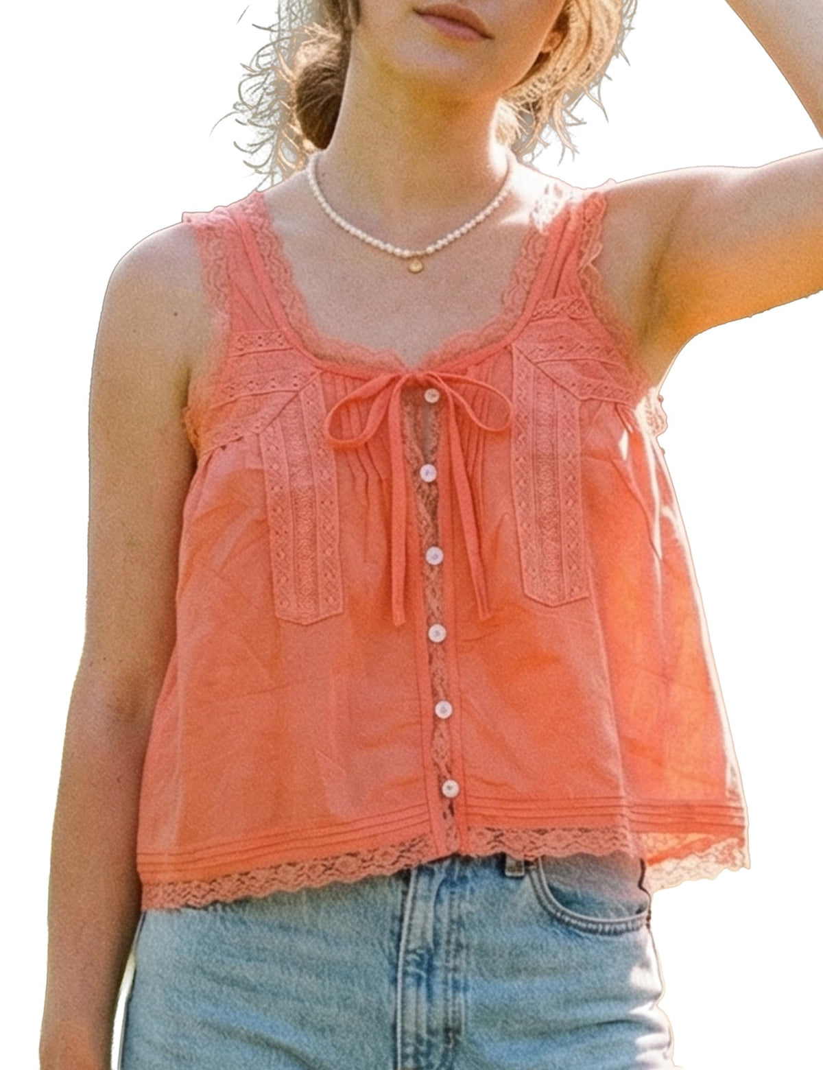 Women Summer Boho Lace Tie Front Tank Beach Vacation Top Button Down Sleeveless Cardigan Crop Y2k Tops Clothes 2026