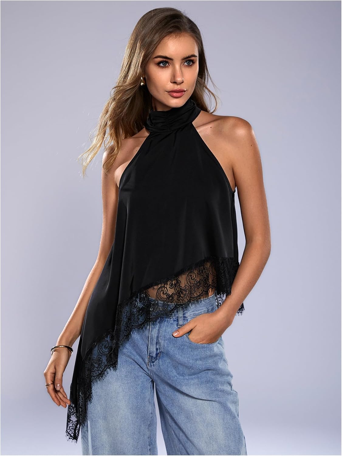 Milumia Women's Halter Neck Top Lace Asymmetrical Hem Going Out Tank Tops