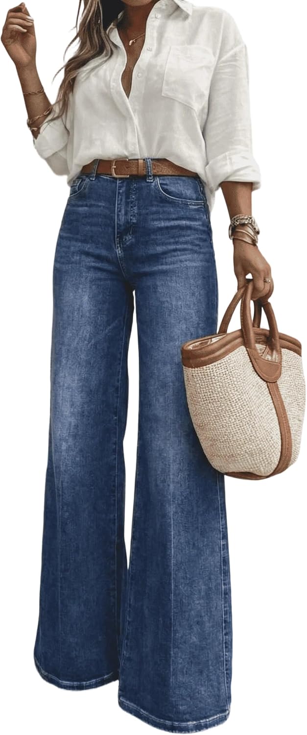 Women's High Waisted Wide Leg Jeans Classic 5-Pocket Dark Wash Long Bootcut Denim Pants for Casual Office Work