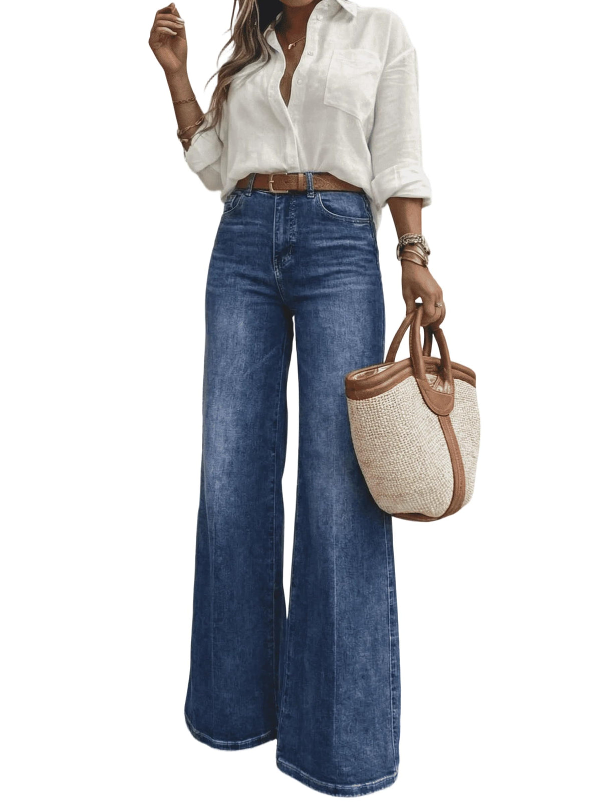 Women's High Waisted Wide Leg Jeans Classic 5-Pocket Dark Wash Long Bootcut Denim Pants for Casual Office Work