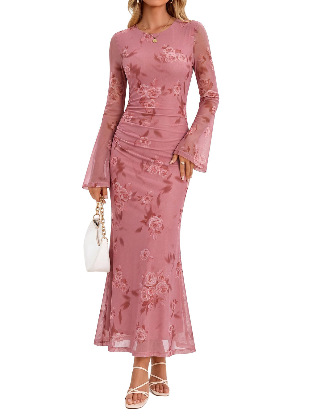 ZESICA Womens Long Sleeve Floral Fall Bodycon Ruched Mesh Maxi Formal Dress