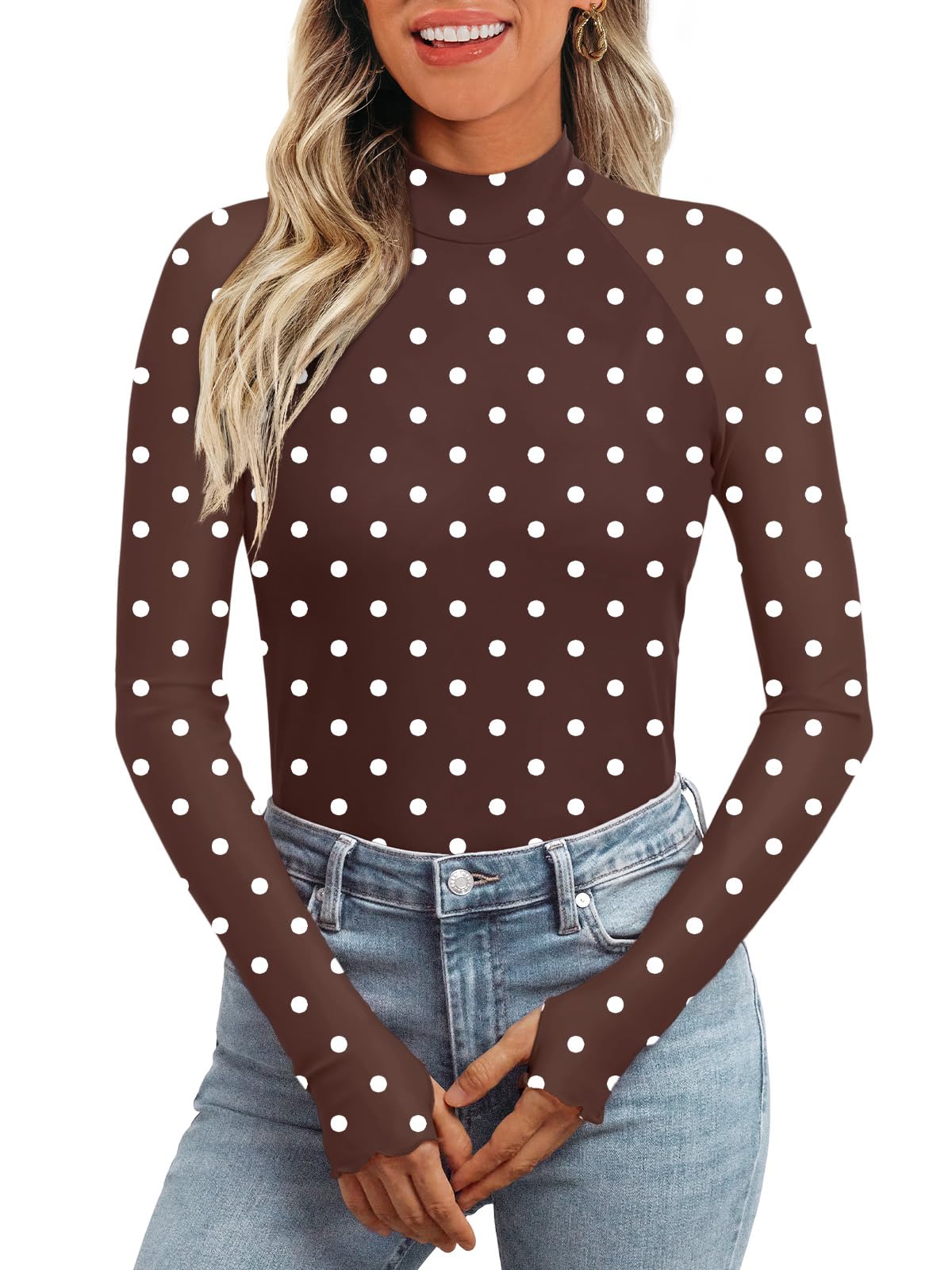 Dealmore Womens Lace Sheer Floral Mesh Mock Neck Tops