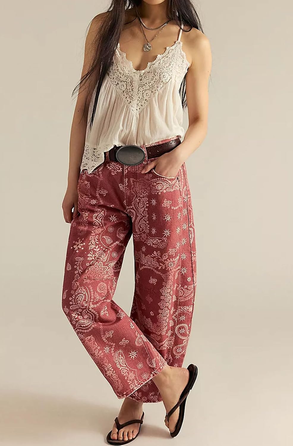 loveimgs Women Boyfriend Baggy Barrel Jeans Floral Print Denim Ankle Pants Wide Leg Mid Rise Jeans Sweatpants Y2k Patchwork