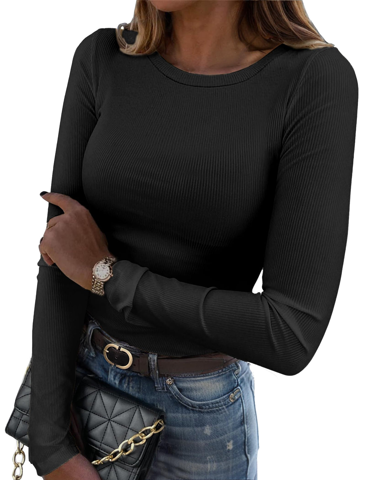 Zeagoo Women Long Sleeve Shirts Ribbed Slim Fit Tops Crewneck Basic Tee