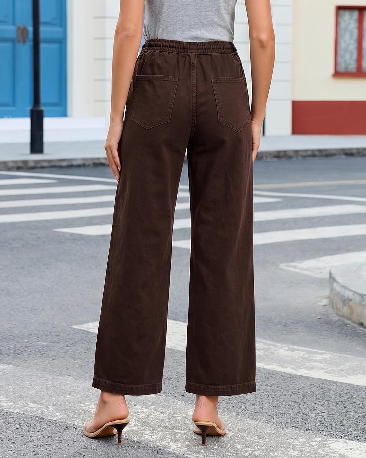 GRAPENT Wide Leg Jeans for Women Trendy High Waisted Drawstring Tie Elastic Waist Stretchy Denim Pants Trouser Jeans