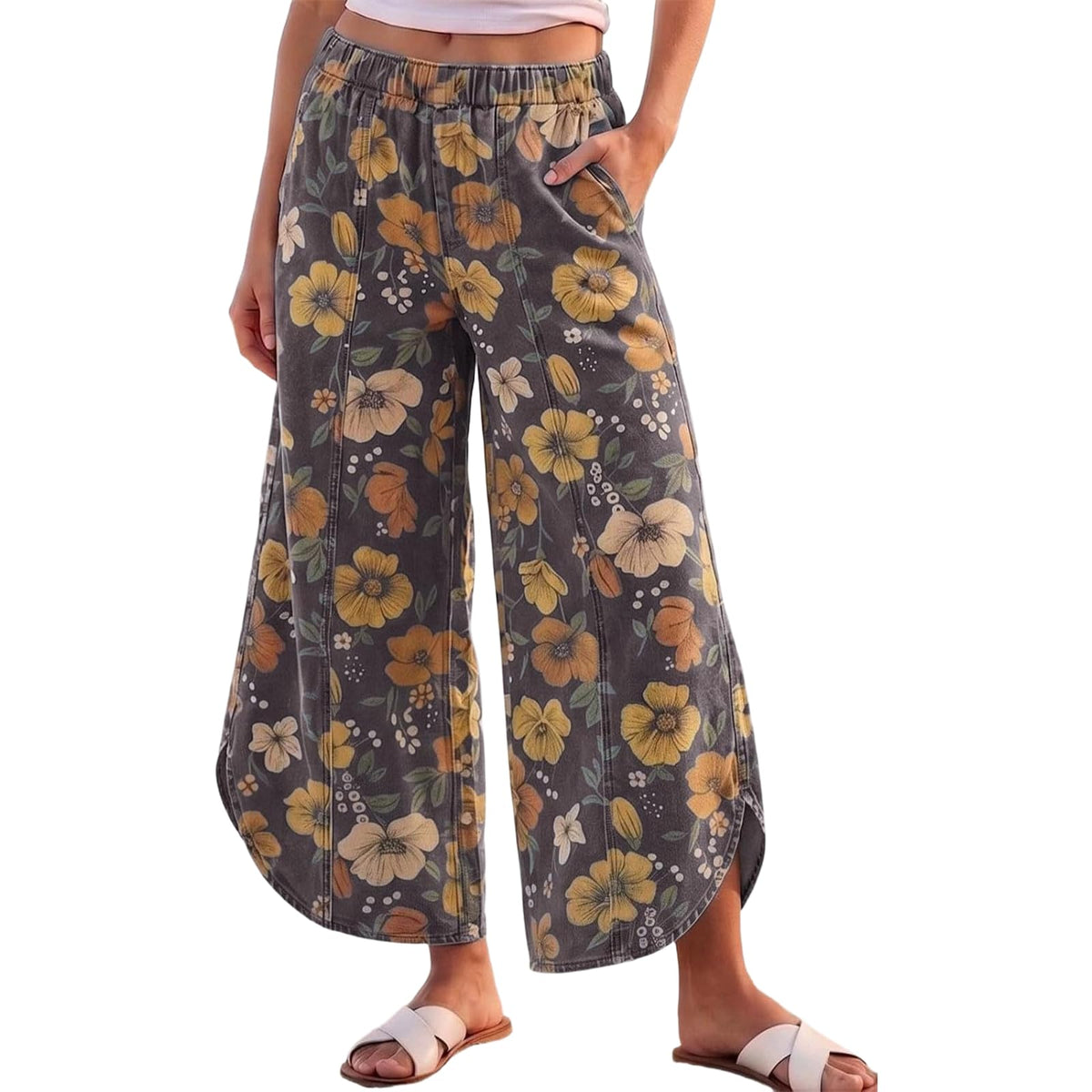 Women's Elastic Waist Wide Leg Jeans Tulip Hem Casual Cropped Denim Pants