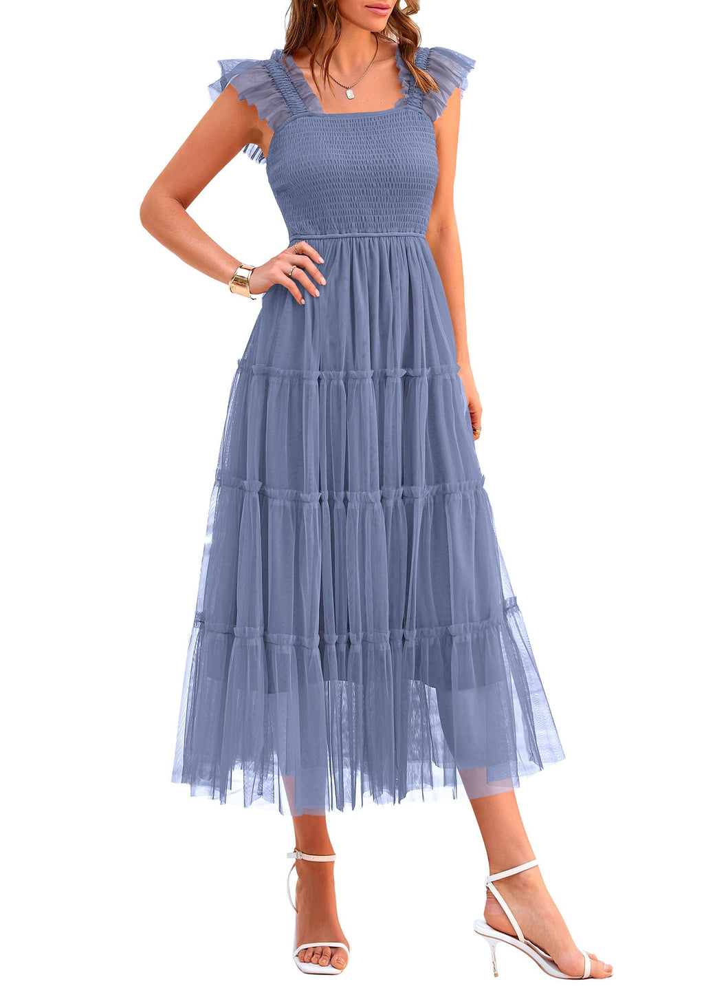 PRETTYGARDEN Women's Summer Smocked Midi Tulle Dress