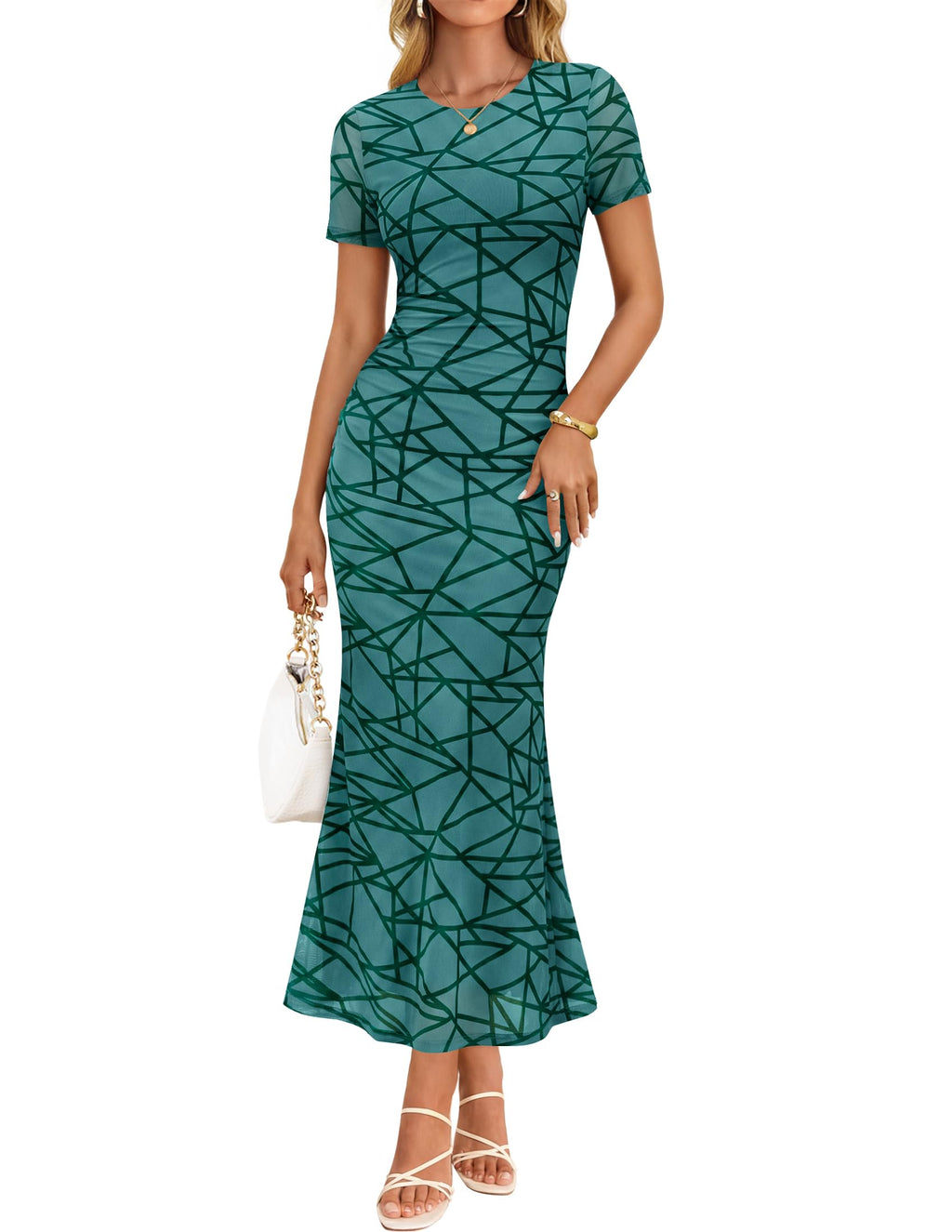 ZESICA Women Summer 2026 Floral Short Sleeve Bodycon Mesh Maxi Formal Dress