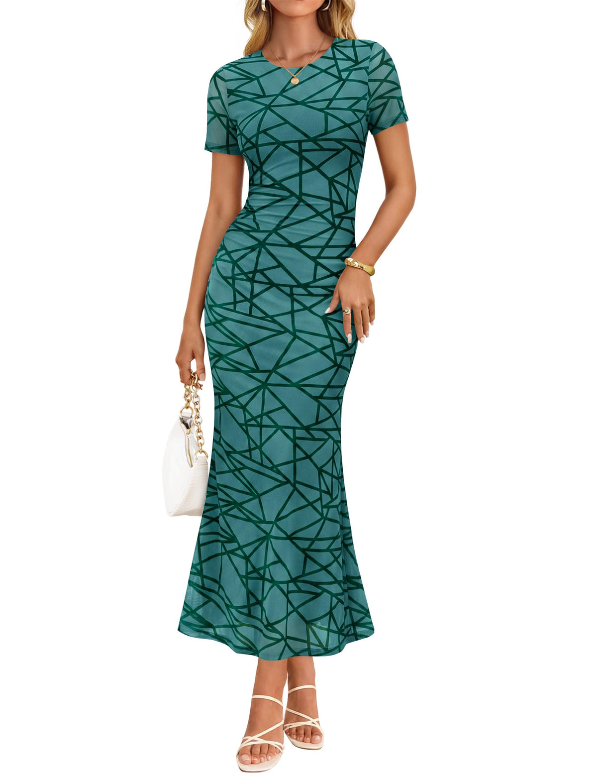 ZESICA Women Summer 2026 Floral Short Sleeve Bodycon Mesh Maxi Formal Dress