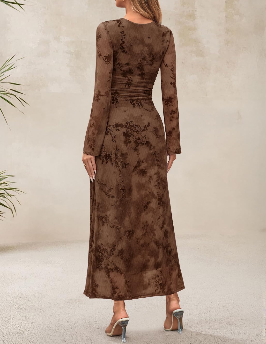 ZESICA Womens Long Sleeve Floral Fall Bodycon Ruched Mesh Maxi Formal Dress