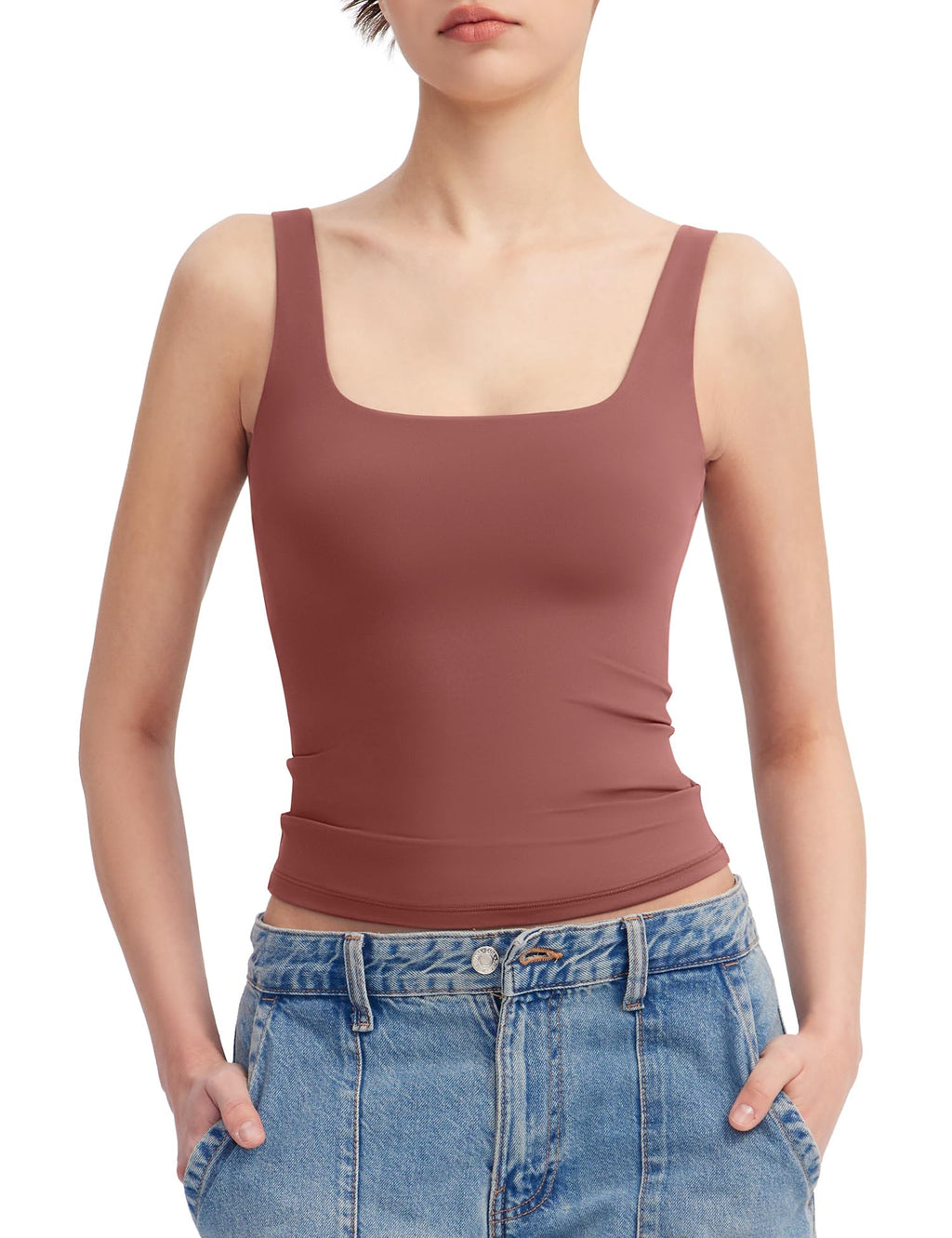 PUMIEY Women's Square Neck Tank Top Sleeveless Double Lined Basic Tops Sharp Collection