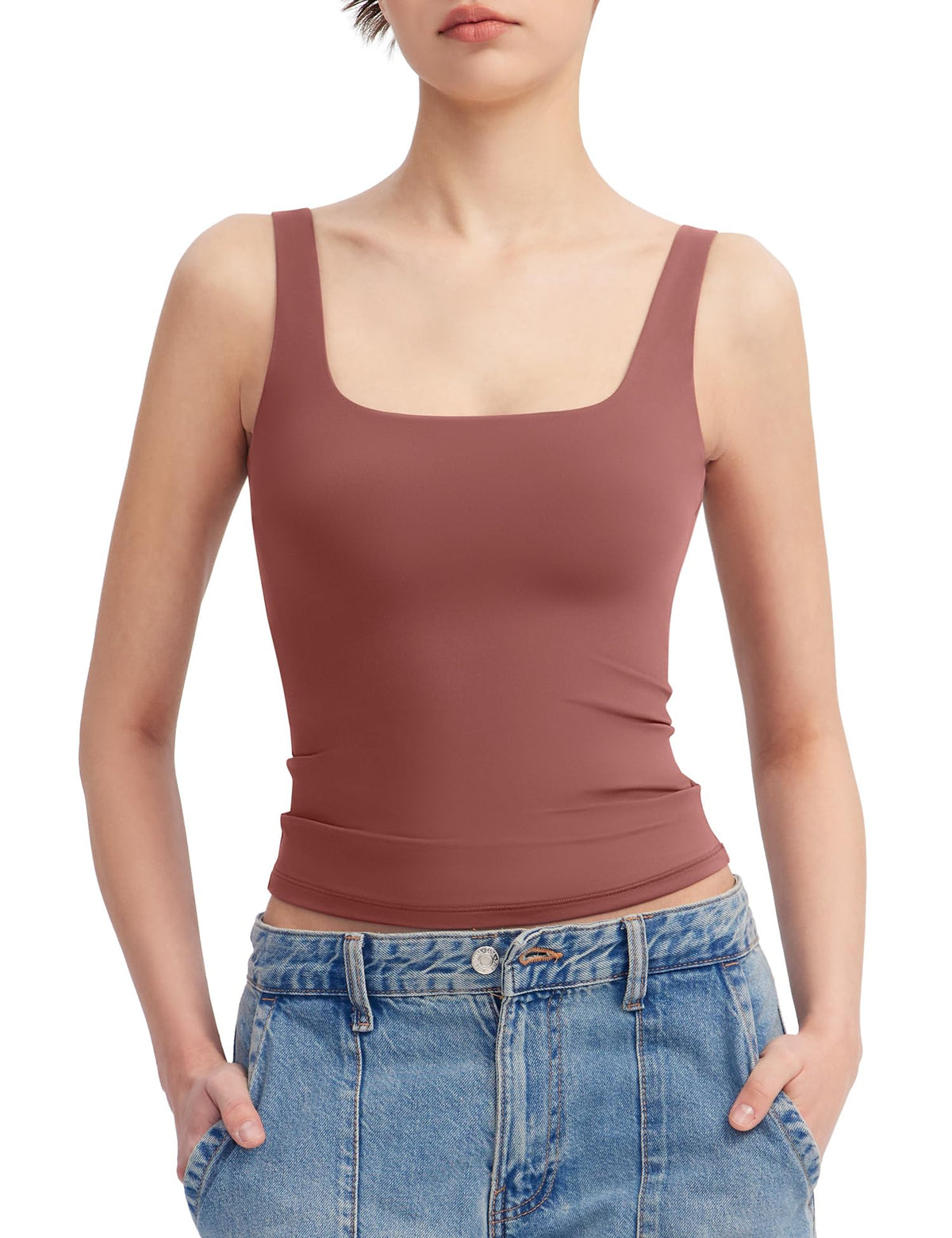 PUMIEY Women's Square Neck Tank Top Sleeveless Double Lined Basic Tops Sharp Collection