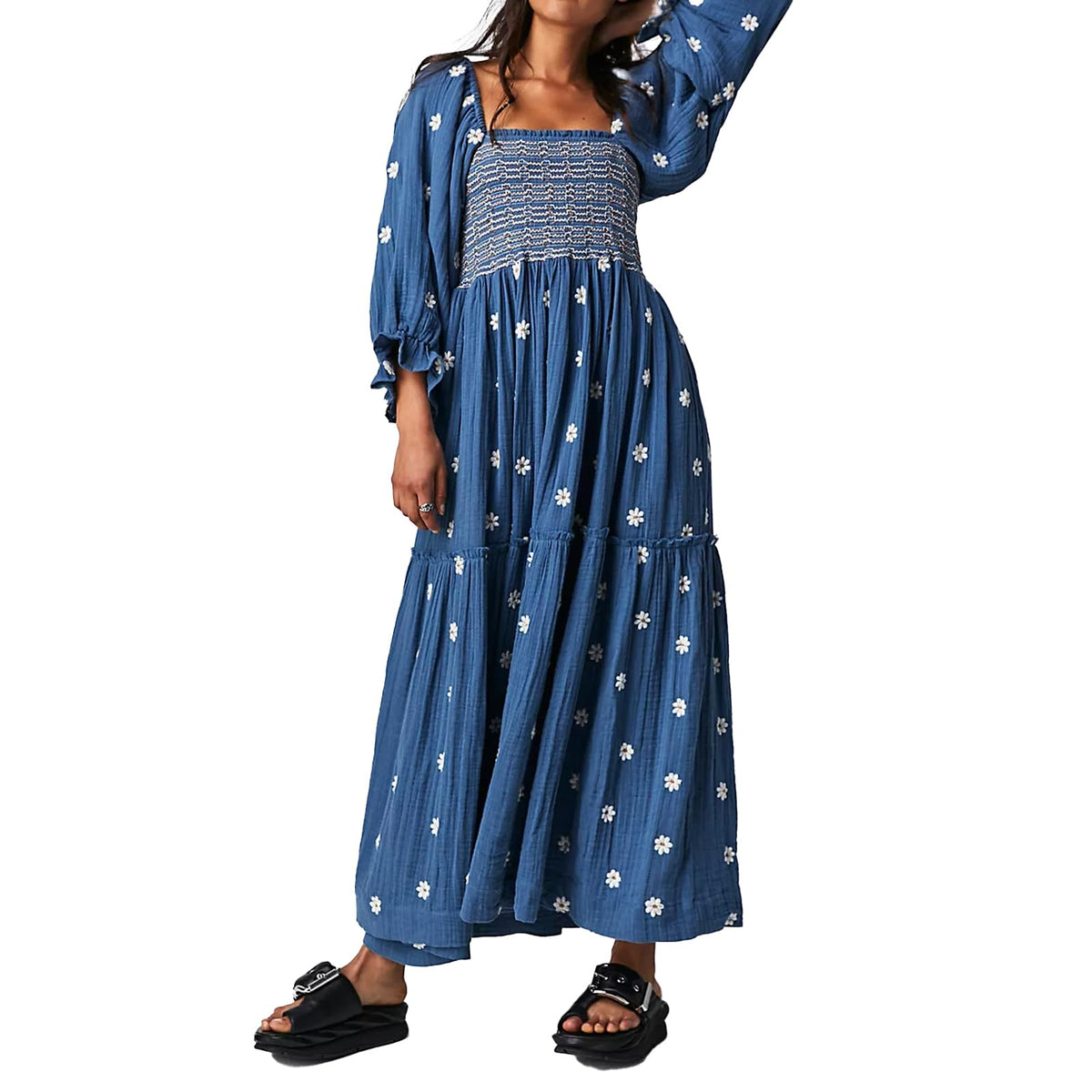ABYOVRT Women Floral Embroidered Maxi Dress Long Puff Sleeve Square Neck Bohemian Flowy Dress with Pockets Summer Fall