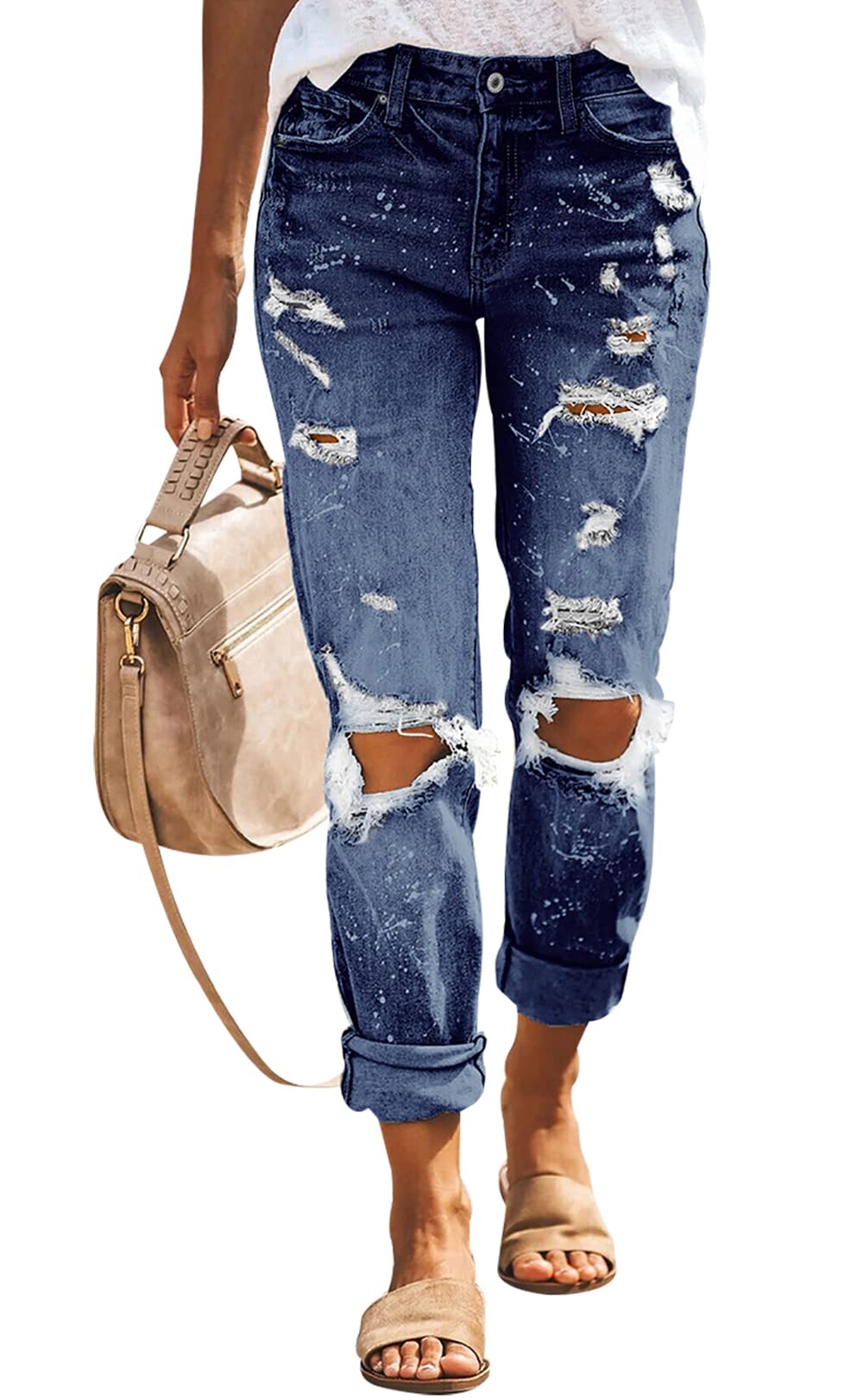 KUNMI Women's Ripped Mid Waisted Boyfriend Jeans Loose Fit Distressed Stretchy Denim Pants
