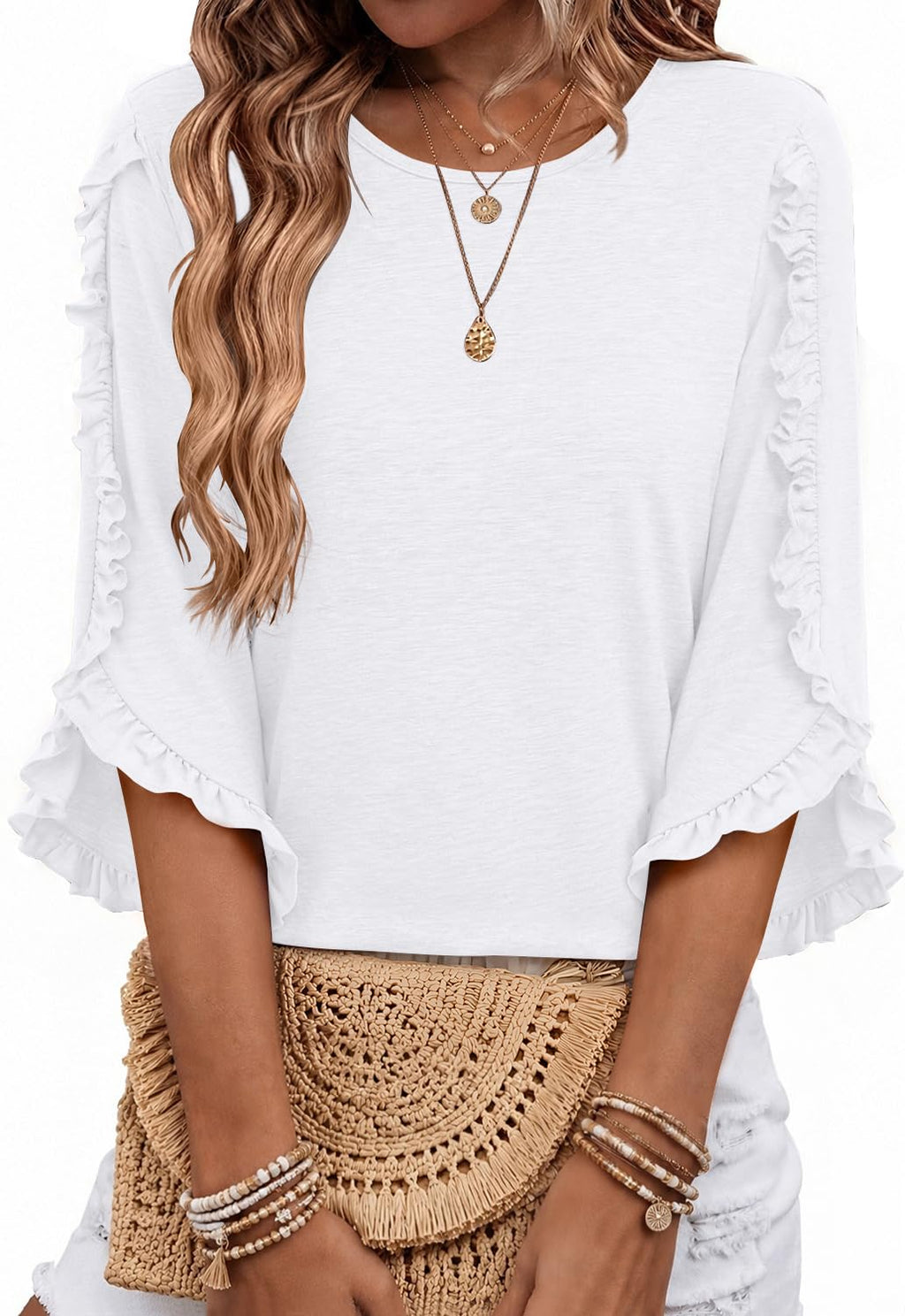 3/4 Length Sleeve Womens Tops Crewneck Ruffle Sleeve Shirts Dressy Casual Blouse Summer Fall Fashion Business Outfit