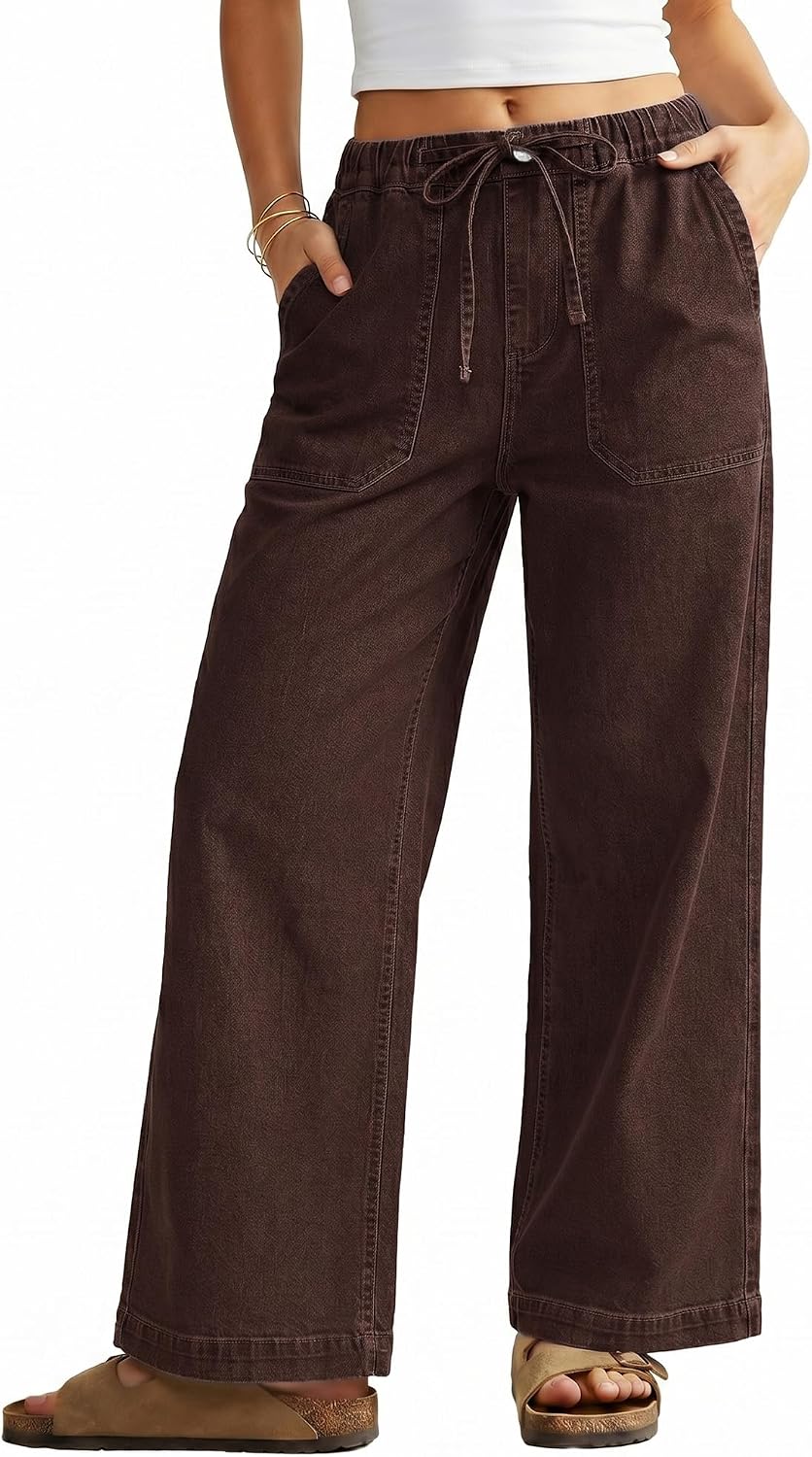GRAPENT Wide Leg Jeans for Women Trendy High Waisted Drawstring Tie Elastic Waist Stretchy Denim Pants Trouser Jeans