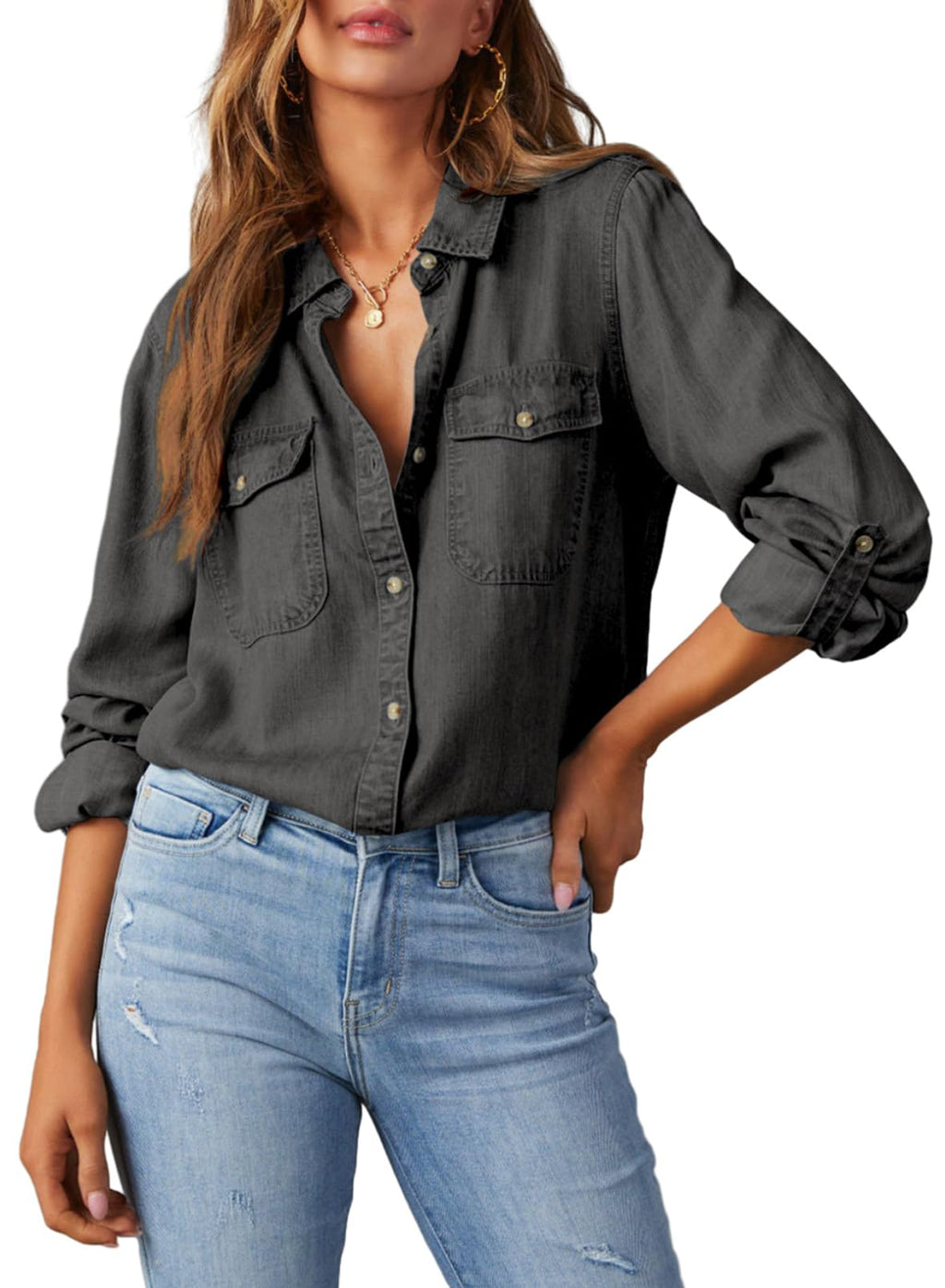 Astylish Women Denim Button Down Shirts Chambray Blouse Top