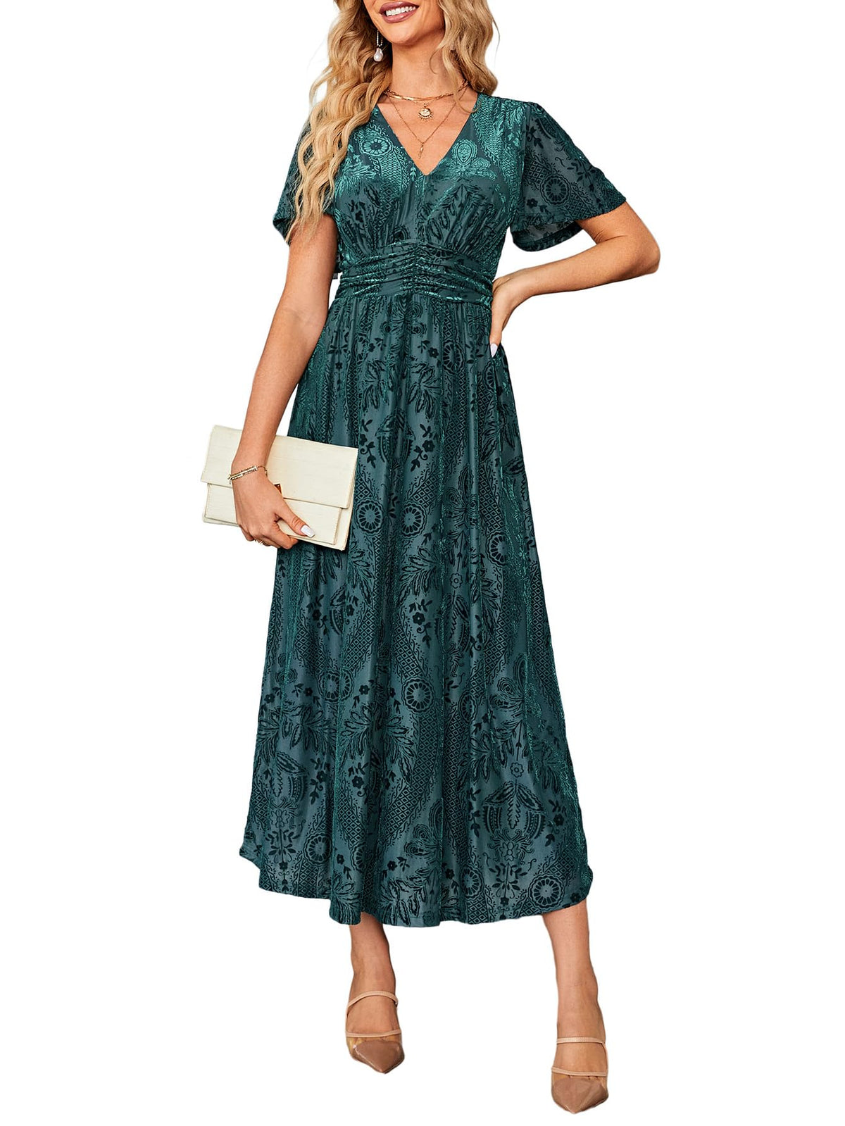 Simplee Women’s V Neck Velvet Maxi Dress Short Sleeve Empire Waist Long Formal Dress for Wedding Guest