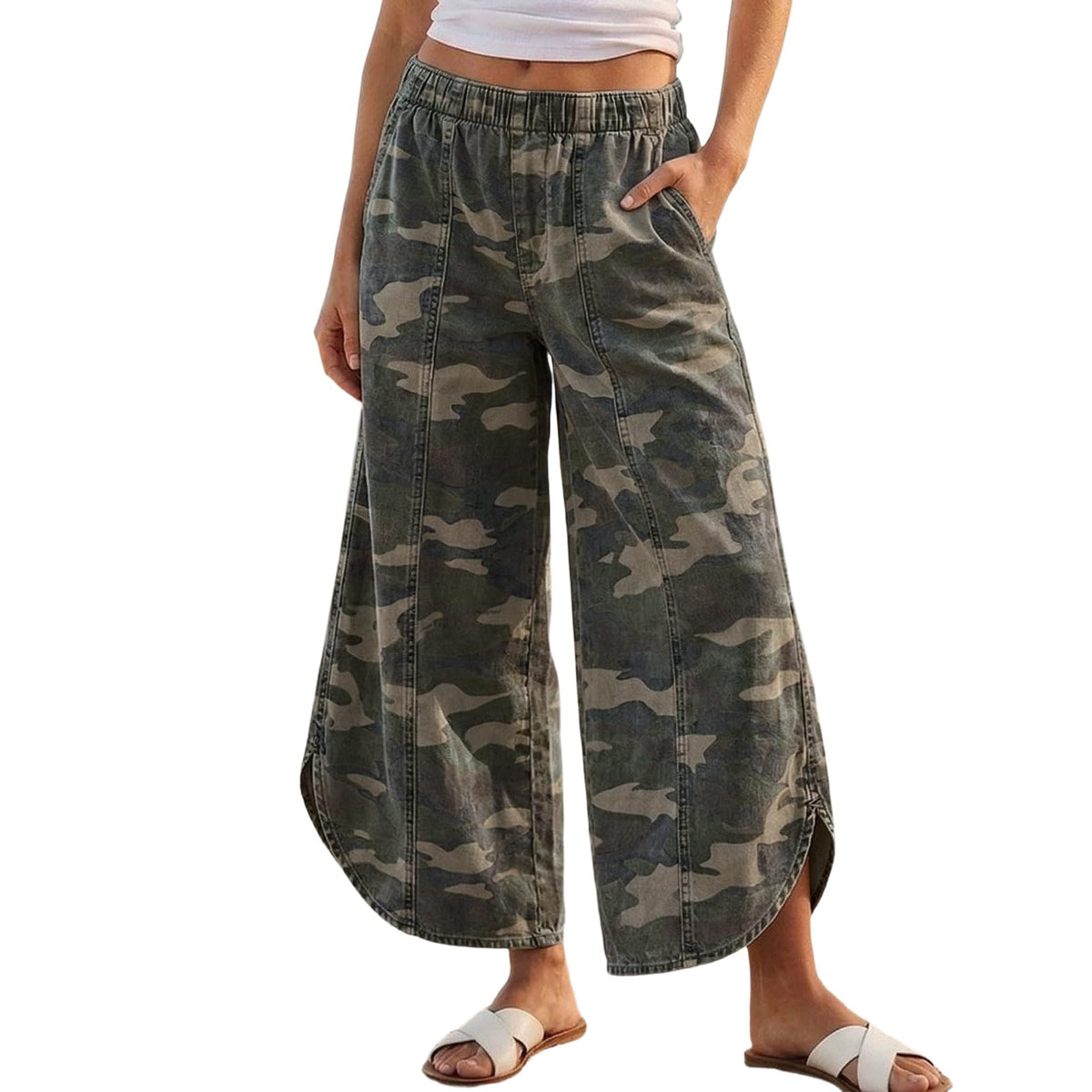 Women's Elastic Waist Wide Leg Jeans Tulip Hem Casual Cropped Denim Pants