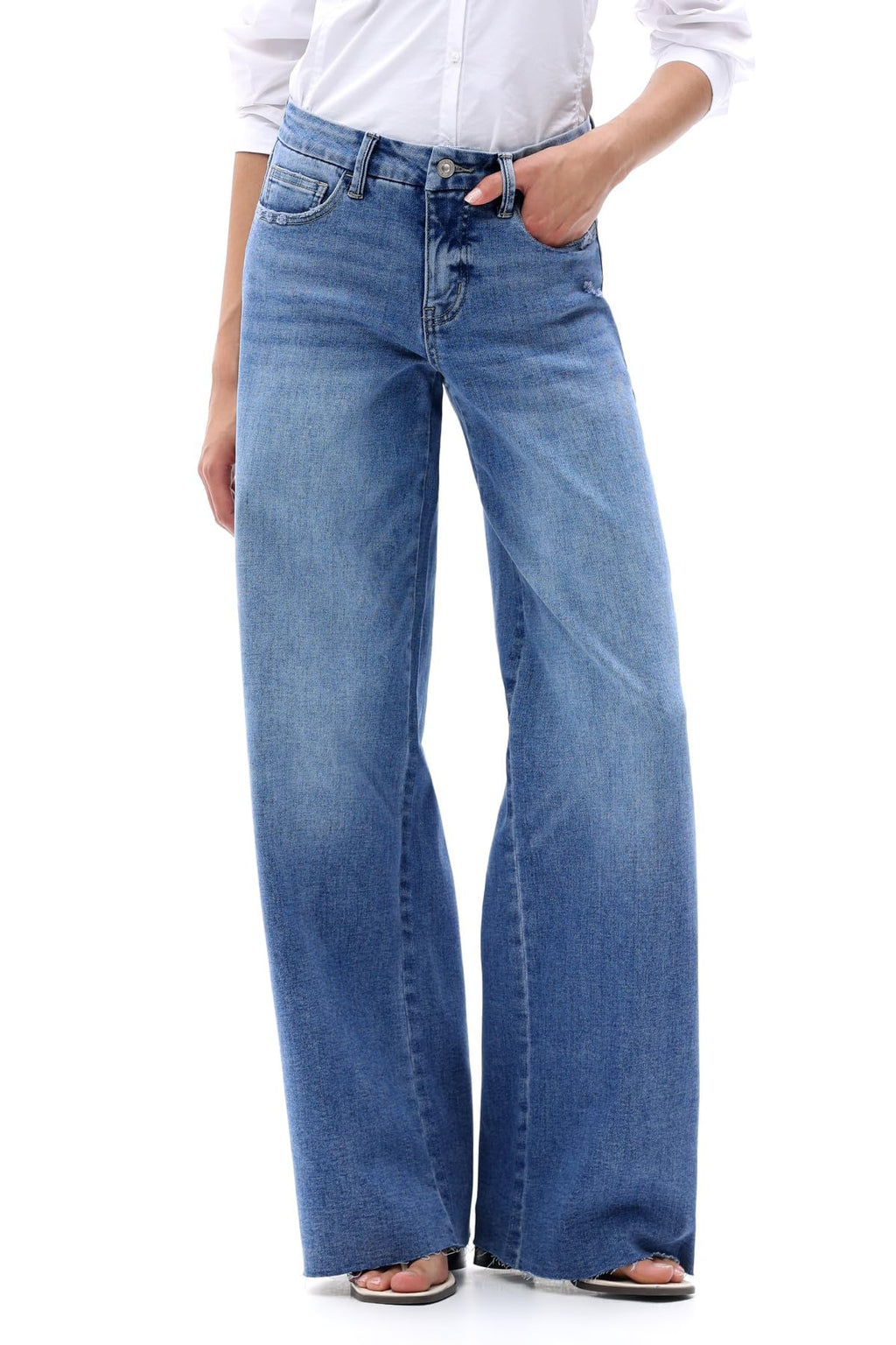 ONESO Women's Wide Leg Jeans Mid Rise High Stretch Denim Pants Raw Hem
