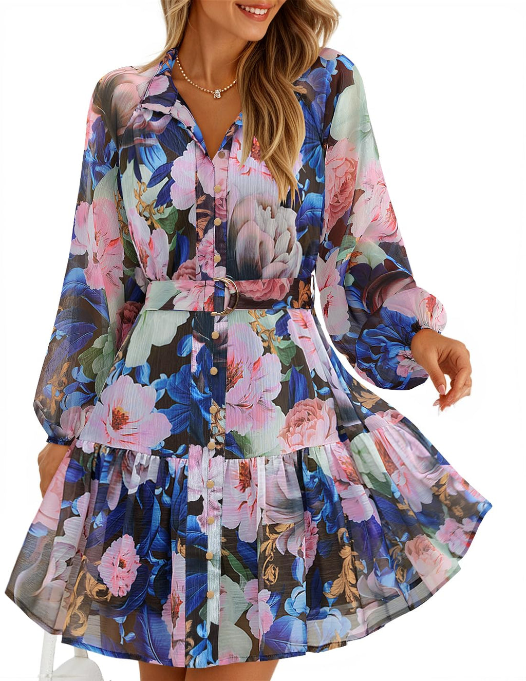 ZESICA Womens 2026 Fall Long Sleeve Floral Mini Dress