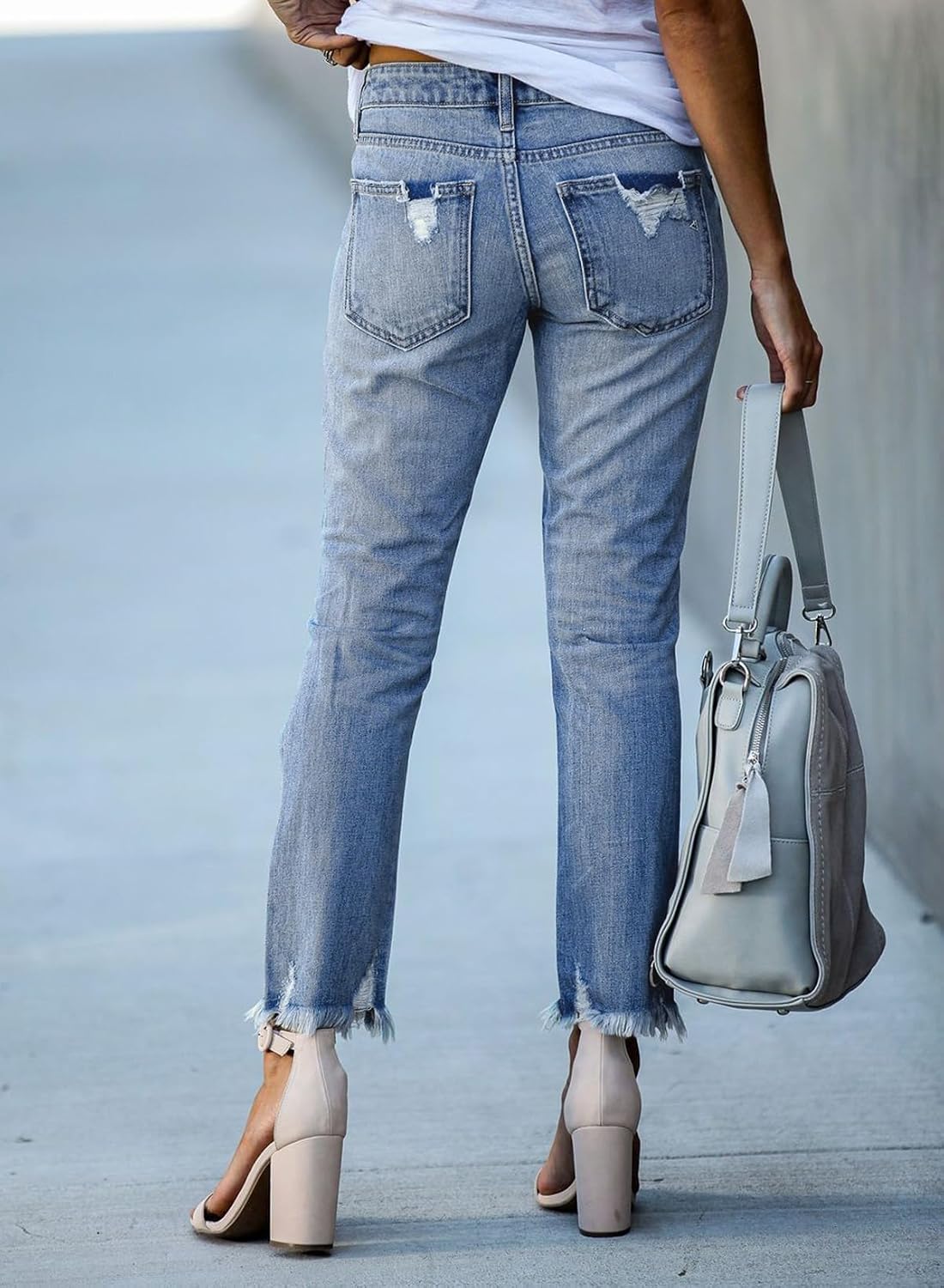 EVALESS Women's High Waisted Tummy Control Straight Ankle Ripped Jeans