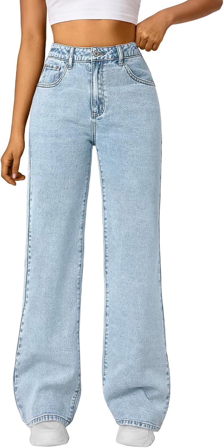 Trendy Queen Women High Waisted Straight Wide Leg Jeans Stretch Baggy Pants