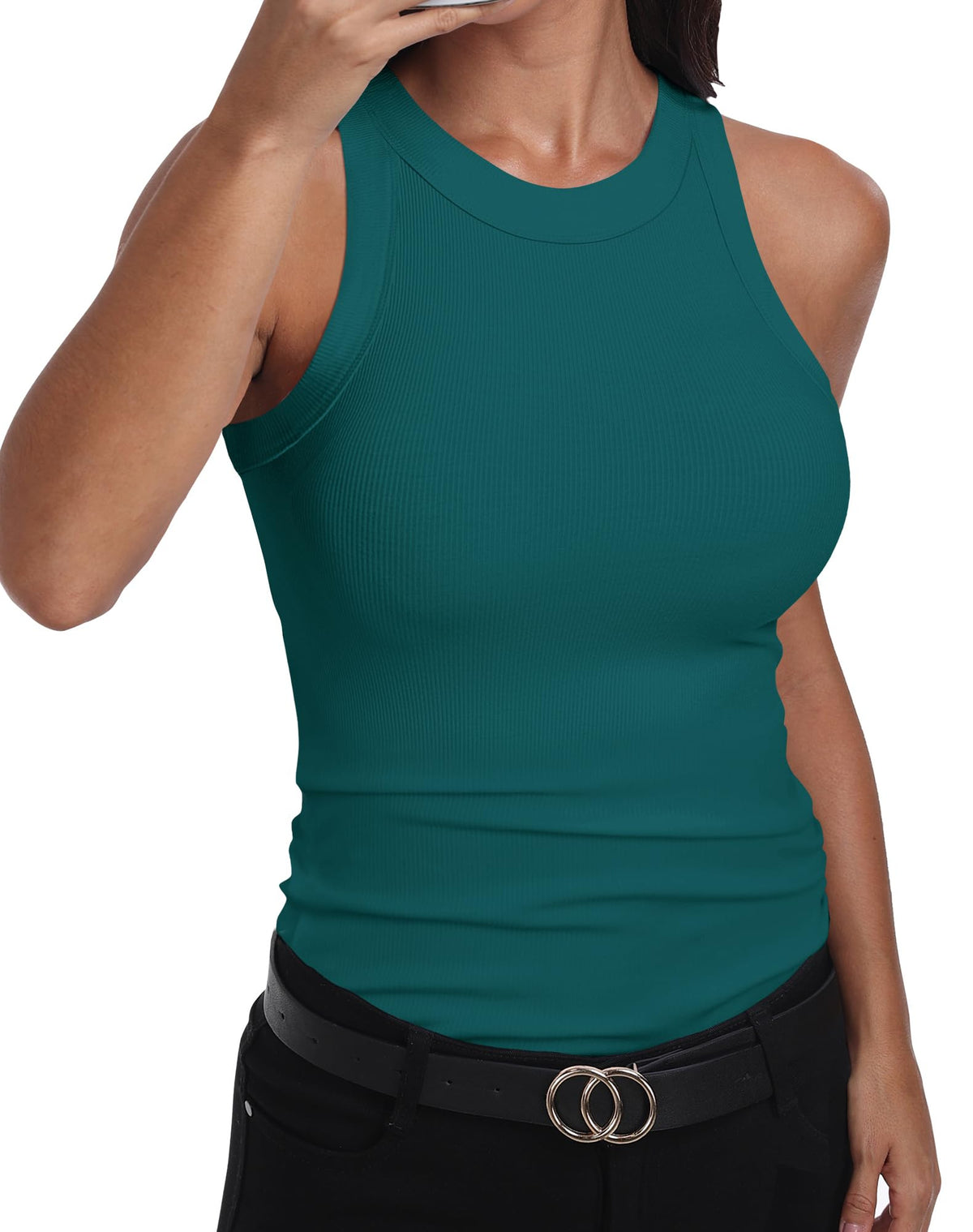 GEMBERA Womens Sleeveless Racerback High Neck Casual Basic Cotton Ribbed Fitted Tank Top