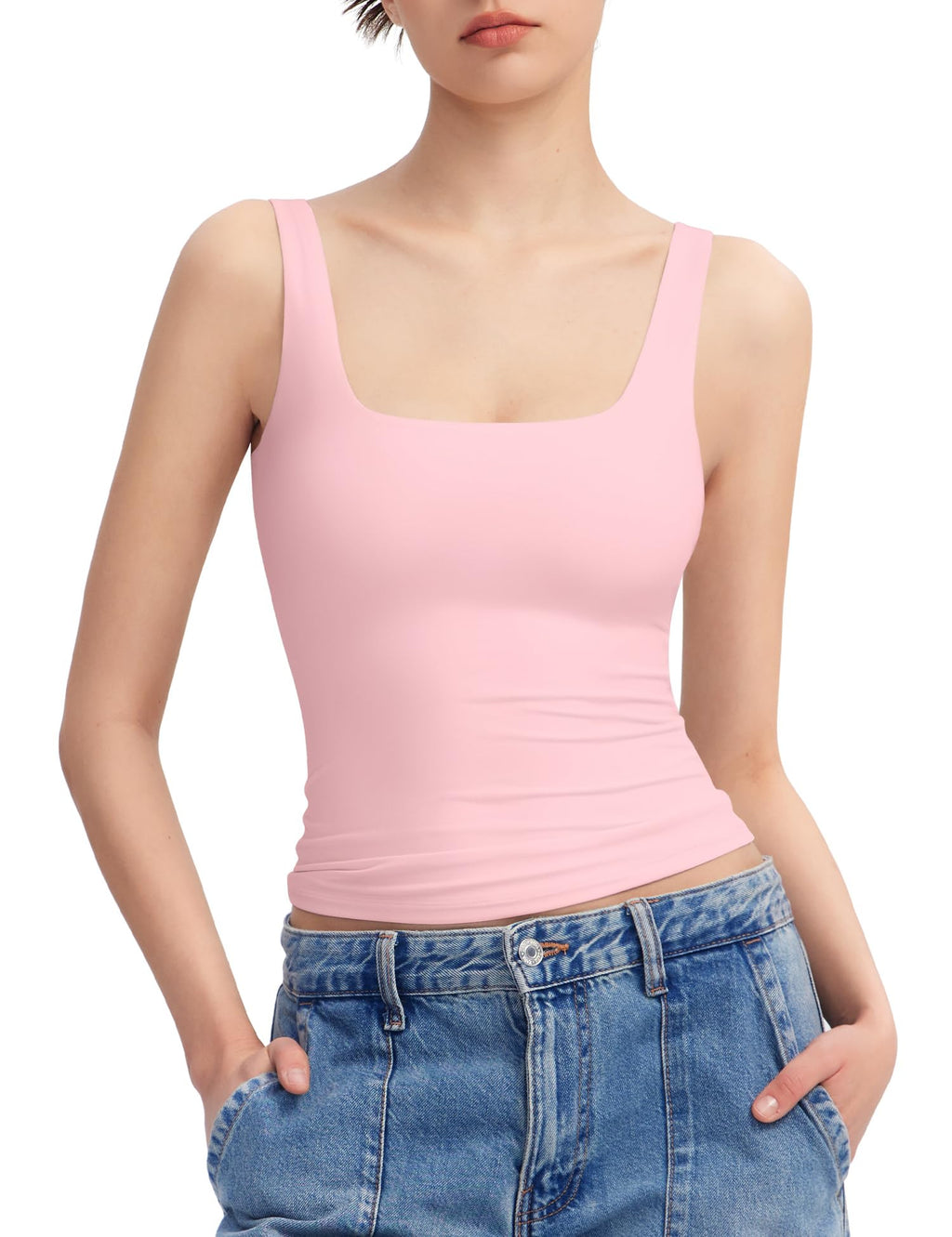 PUMIEY Women's Square Neck Tank Top Sleeveless Double Lined Basic Tops Sharp Collection