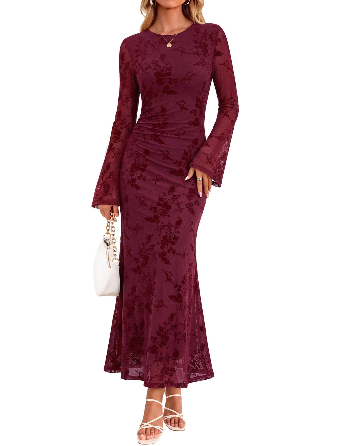 ZESICA Womens Long Sleeve Floral Fall Bodycon Ruched Mesh Maxi Formal Dress