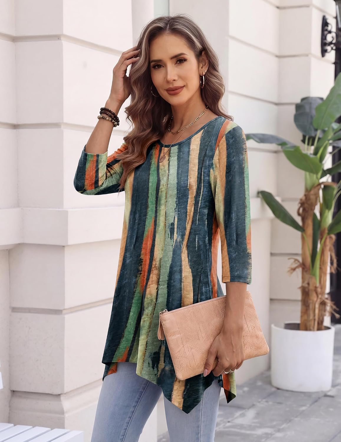 Zeagoo Womens Tops 3/4 Sleeve Loose Fit Dressy Tunics Plus Size Boho Shirts