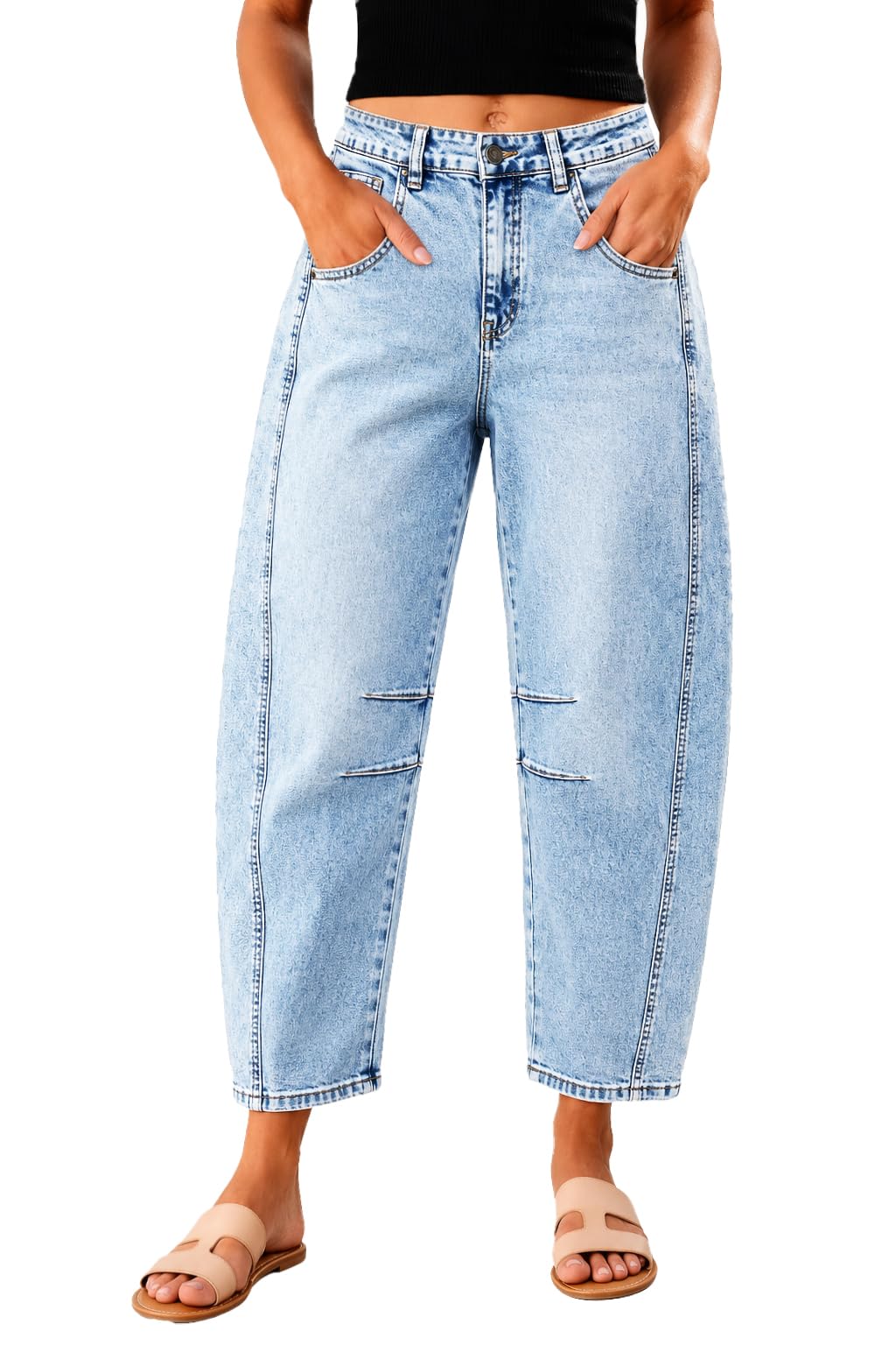 Women's High Waisted Stretch Barrel Leg Jeans Cropped Ankle Pants