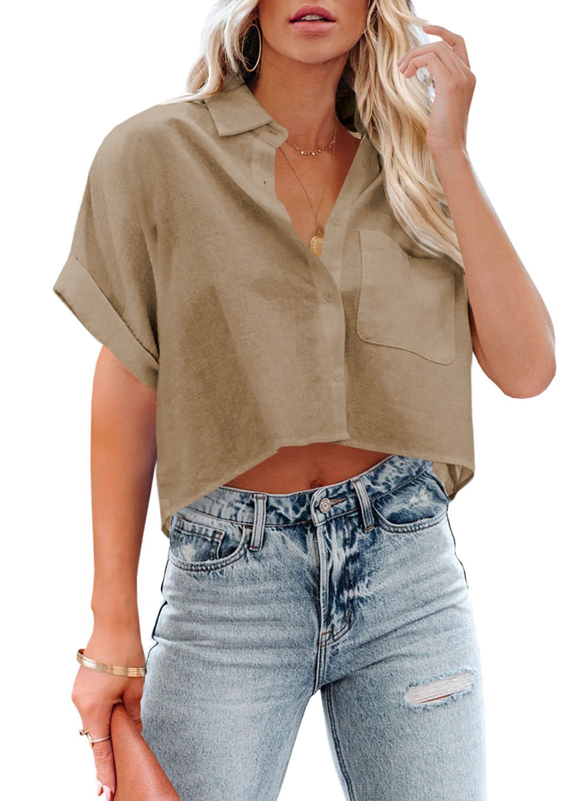 Tankaneo Womens Button Down Cropped Shirts Long Sleeve Crop Tops Blouses