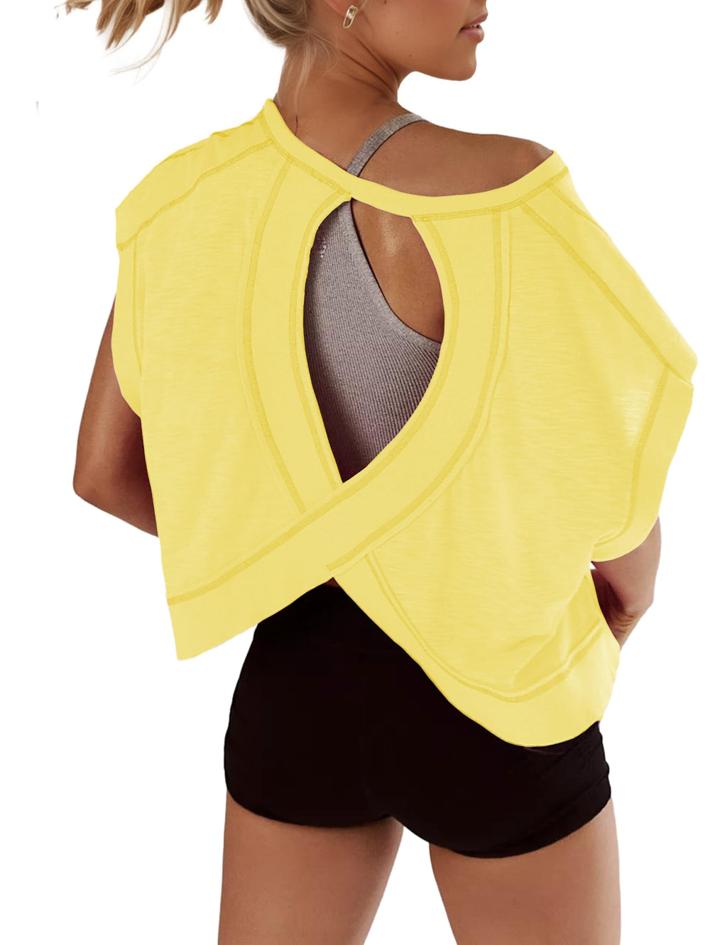 Open Back Tops for Women Oversized Short Sleeve Workout T Shirts Backless Y2k Athletic Crop Running Tees
