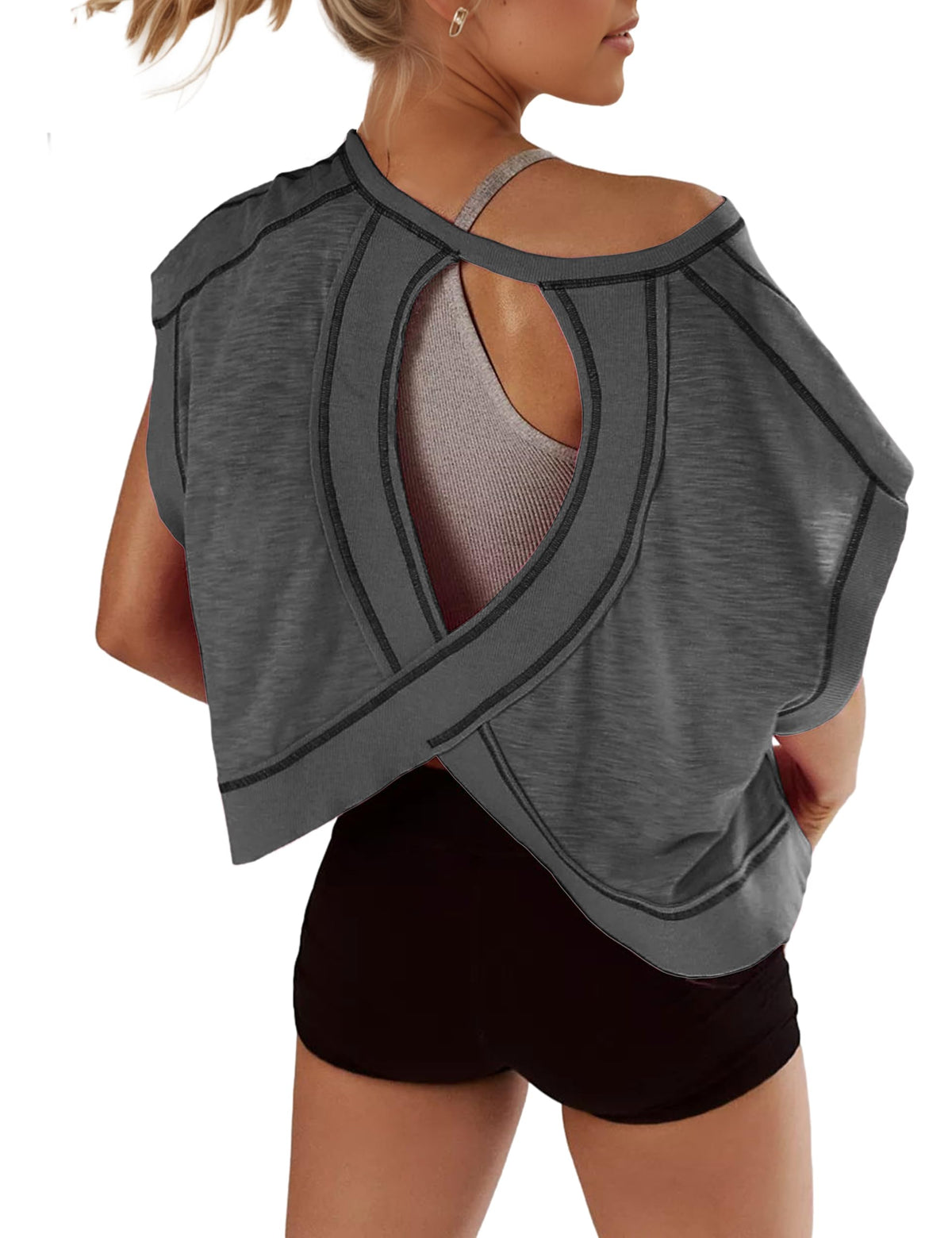 Open Back Tops for Women Oversized Short Sleeve Workout T Shirts Backless Y2k Athletic Crop Running Tees