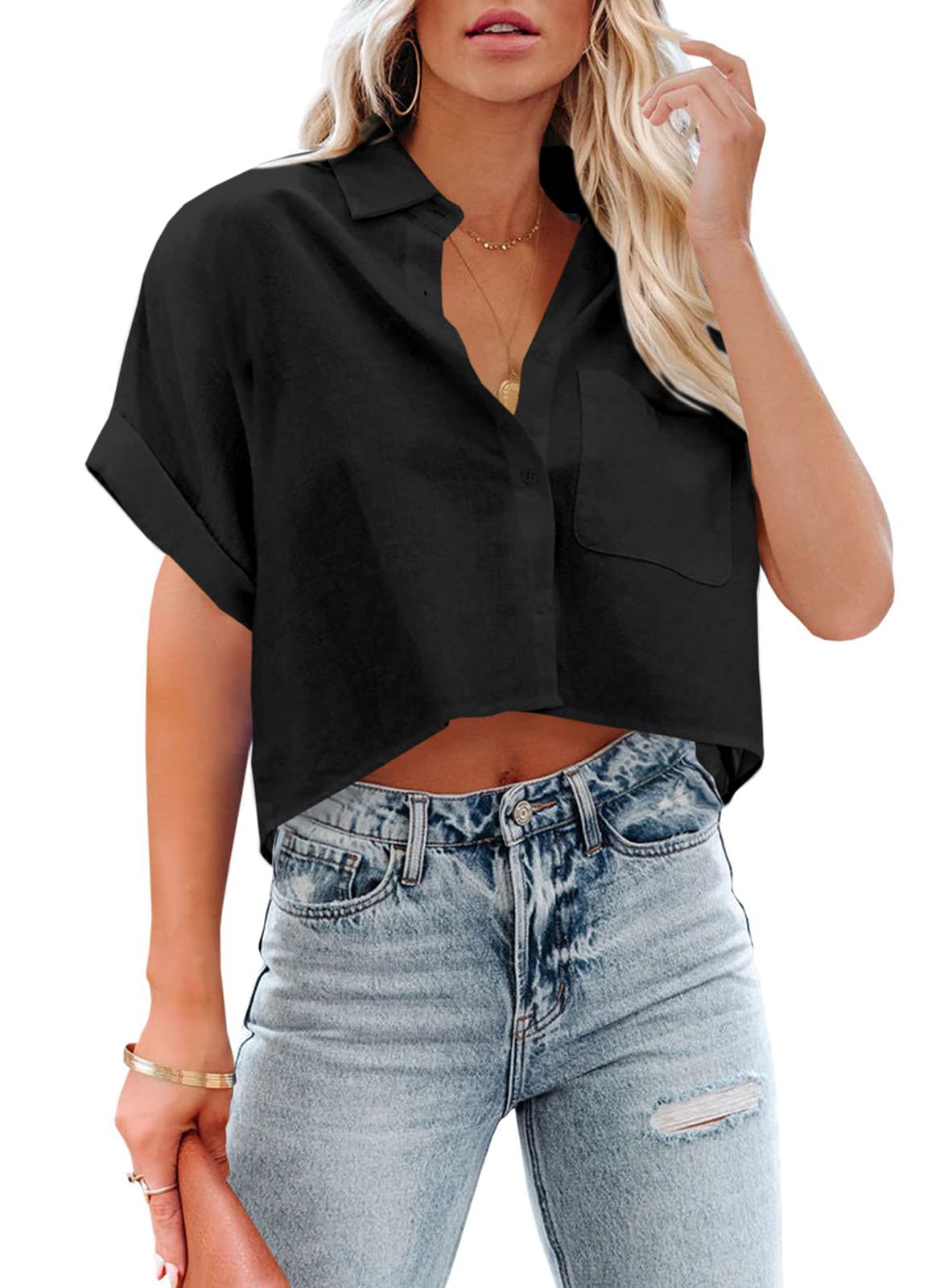 Tankaneo Womens Button Down Cropped Shirts Long Sleeve Crop Tops Blouses