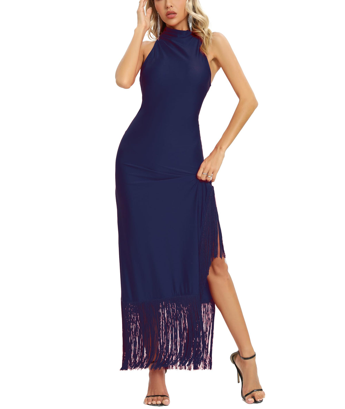 Women Gatsby Vintage Flapper Maxi Dress Halter Tassel Hem Gowns with Slit